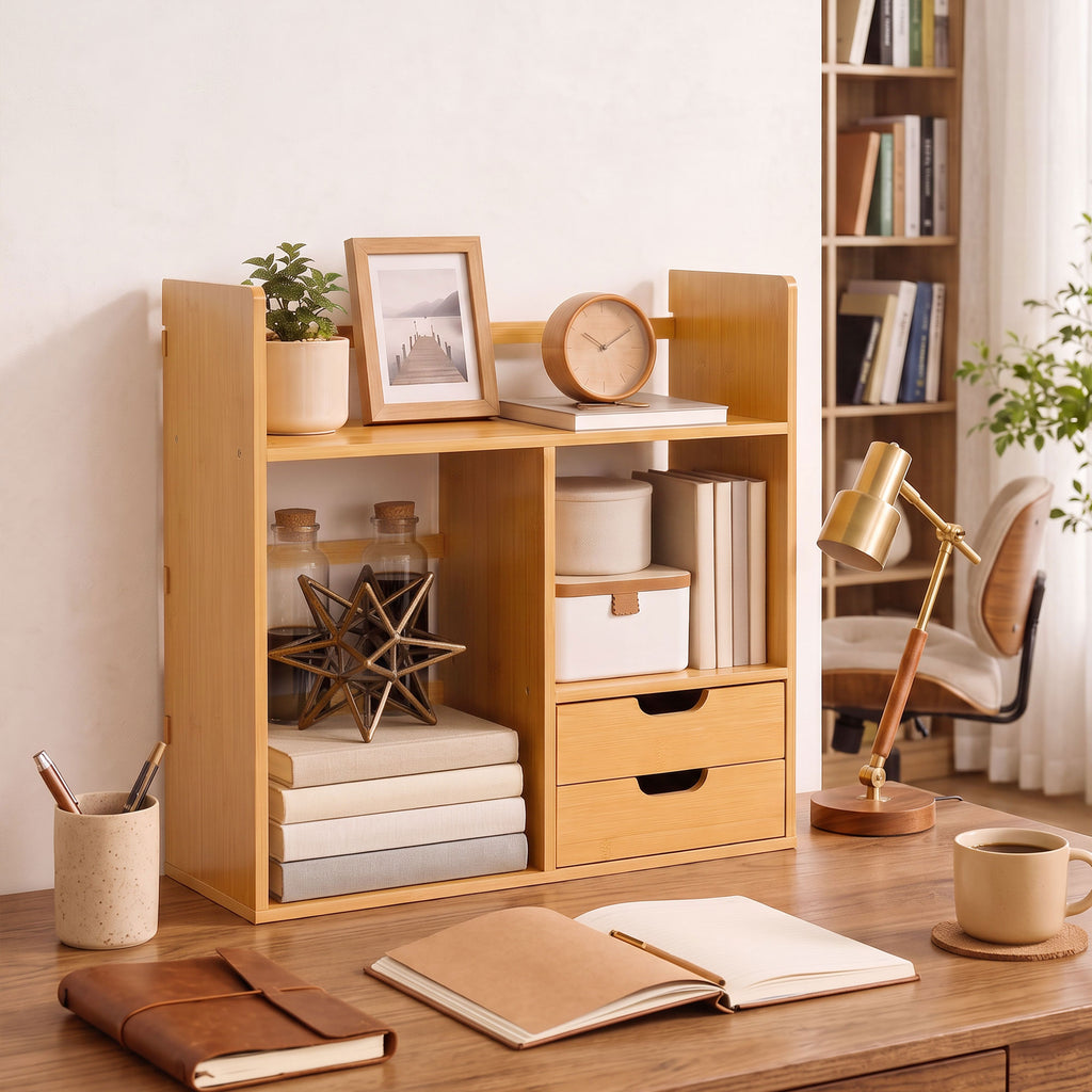 HOMCOM Bamboo Desk Organizer with 2 Drawers, Multifunctional Stationery and Document Holder with Shelves, Reversible Use