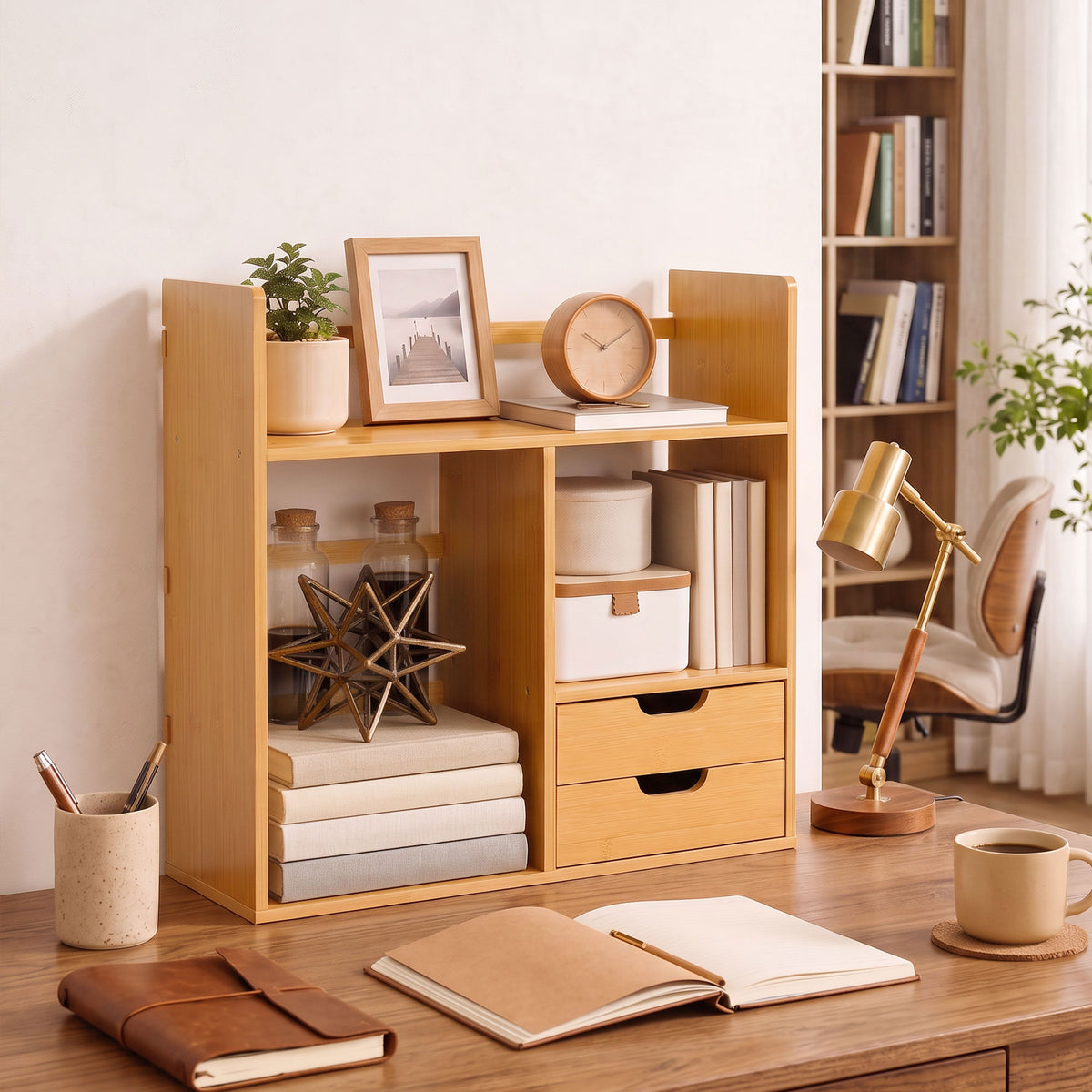 HOMCOM Bamboo Desk Organizer with 2 Drawers, Multifunctional Stationery and Document Holder with Shelves, Reversible Use
