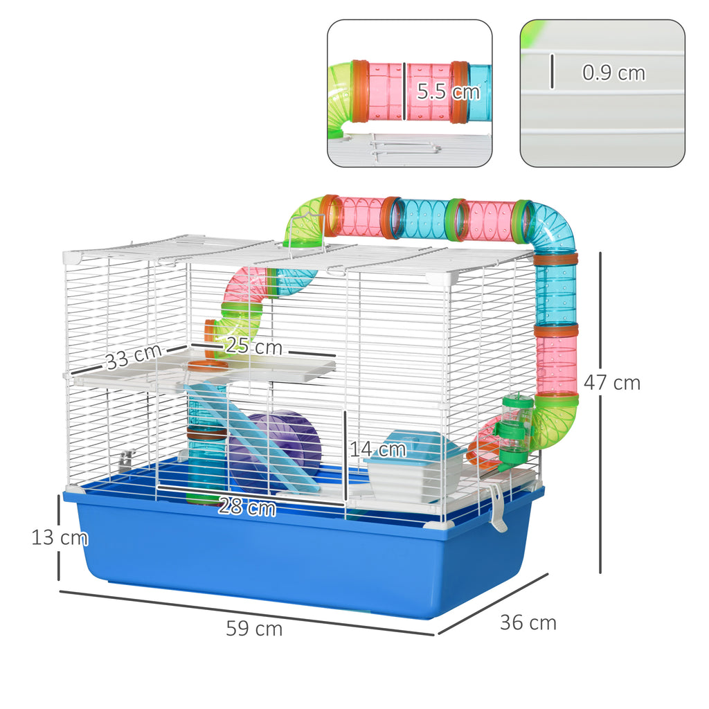 3-Tier Hamster Cage with Tunnel, House and Hamster Wheel, 59x36x47cm, Blue and White