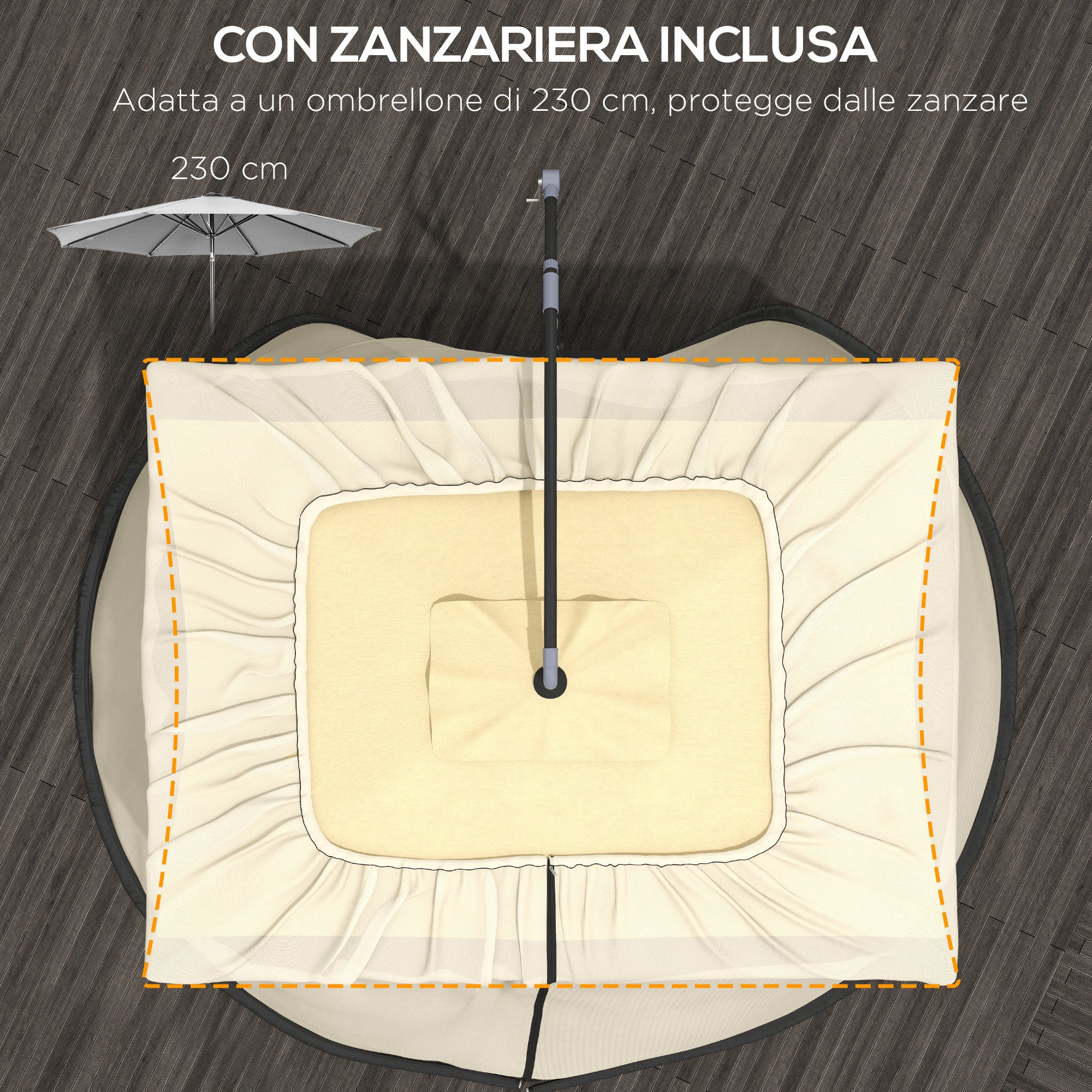 Mosquito Net for Umbrella 3x2.3 m Adjustable Dense Mesh with Zipper Opening, Beige