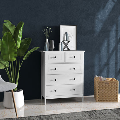 Chest of drawers with 5 space-saving and anti-tipping wooden drawers, 74x40x91cm, White