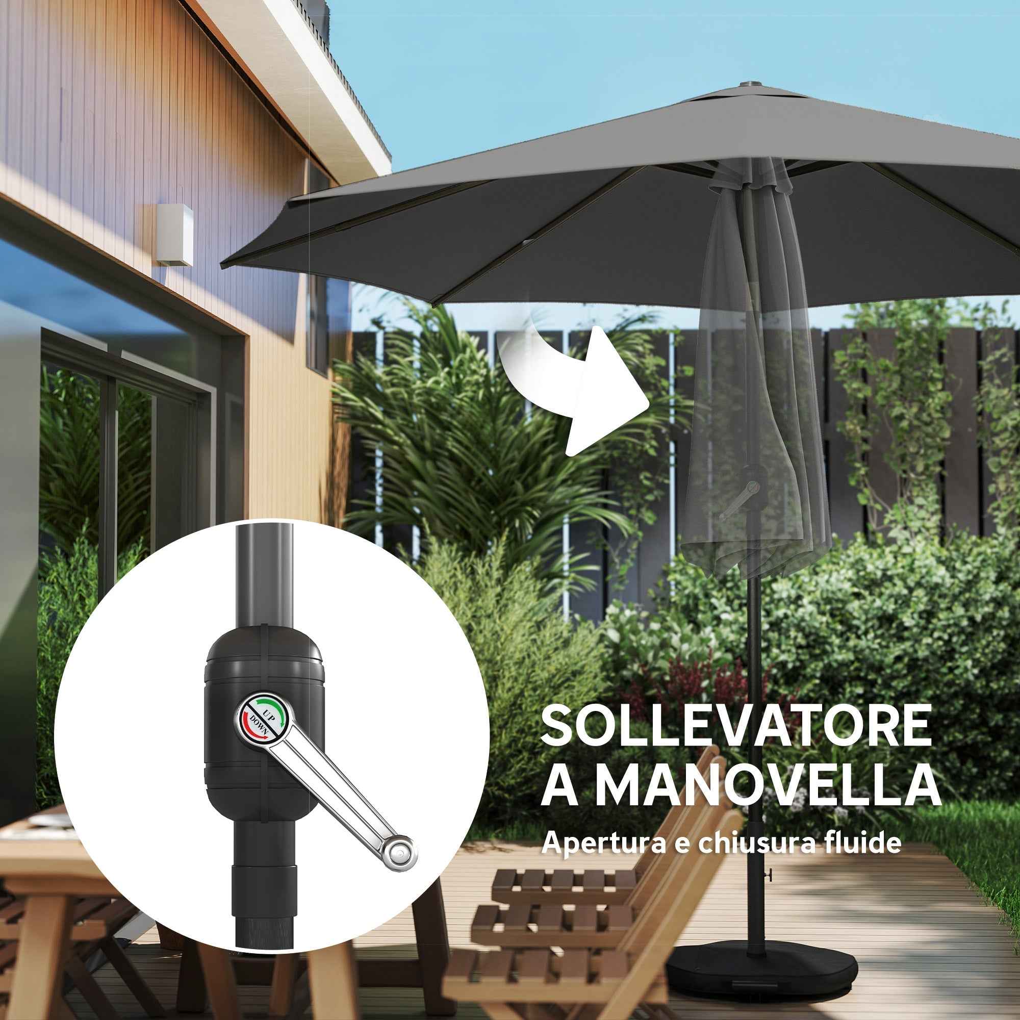 Outsunny 3x3m Tilting Round Umbrella with Crank Handle, Metal and Polyester, Dark Grey