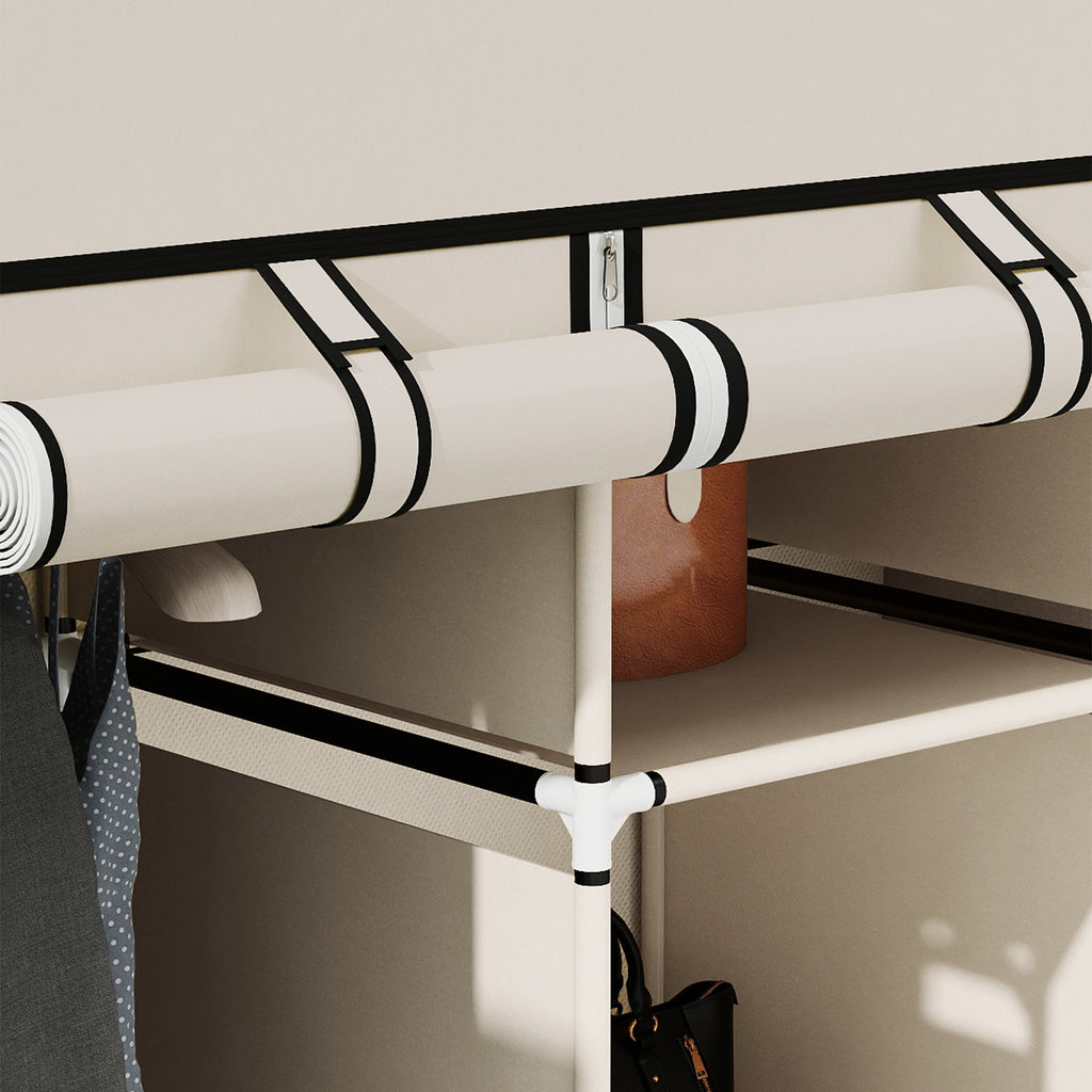 HOMCOM Space-Saving Wardrobe with Raised Base, 8 Shelves and 2 Bars, in Non-Woven Fabric and Steel, Cream