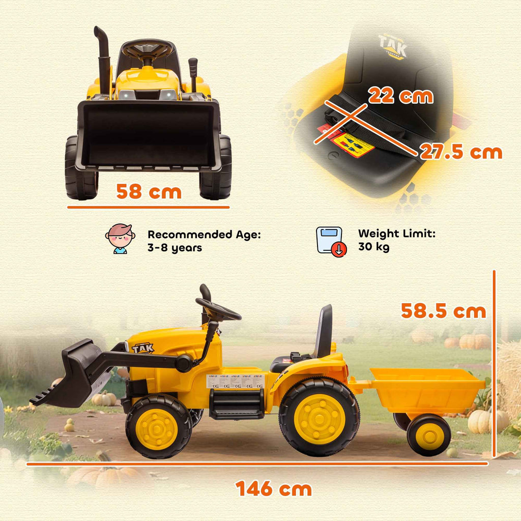 AIYAPLAY 12V Electric Excavator for Kids with Bucket, Trailer and Remote Control, Ages 3-8 Years, Yellow