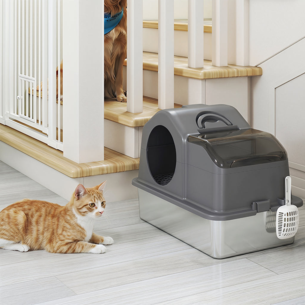 PawHut XL Stainless Steel Enclosed Cat Litter Box with Lid, Scoop, and Collection Mat, Dark Grey