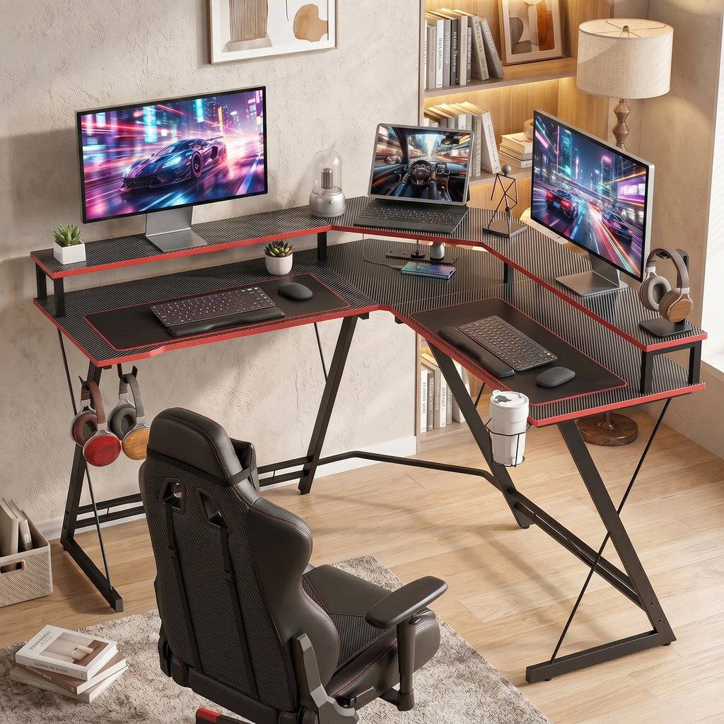 HOMCOM Corner Gaming Desk with Monitor Stand, Headphone Hook and Cup Holder, 128x128x88 cm, Black