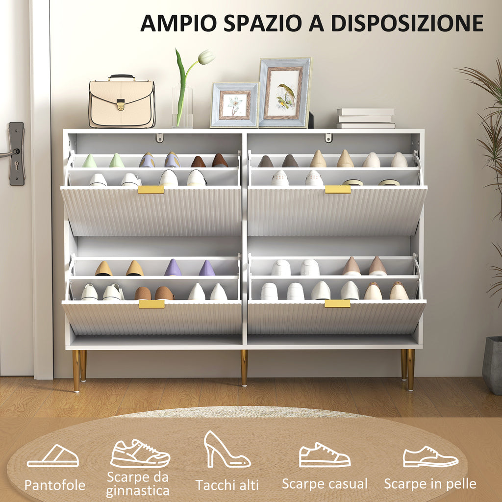 Slim Shoe Rack for 20 Pairs of Shoes with 4 Flap Drawers and Adjustable Shelves, 105x24x91.5 cm, White