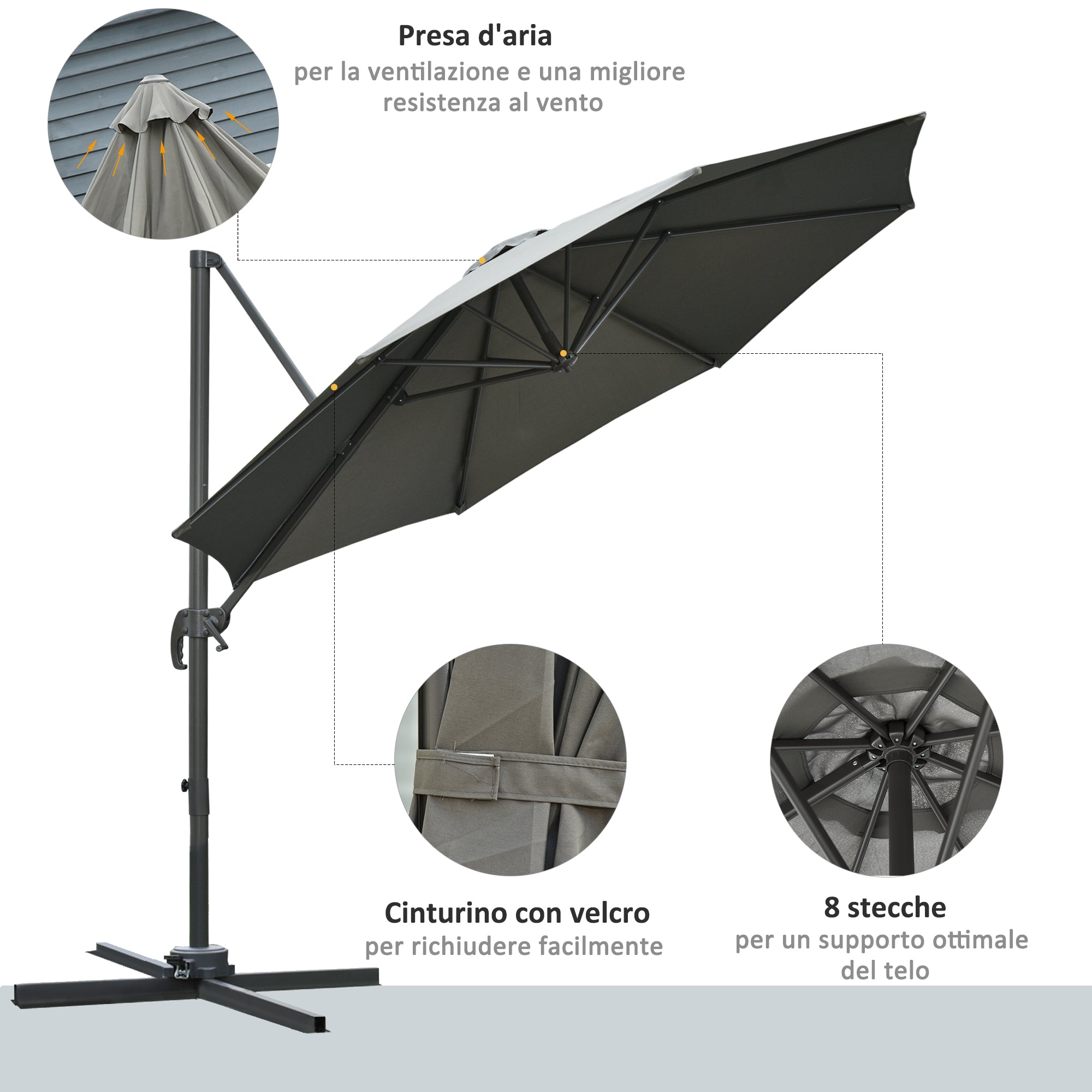 Outsunny Garden umbrella crank and 8 sticks with adjustable angle, Ø2.95x2.5 m, gray - Borgè