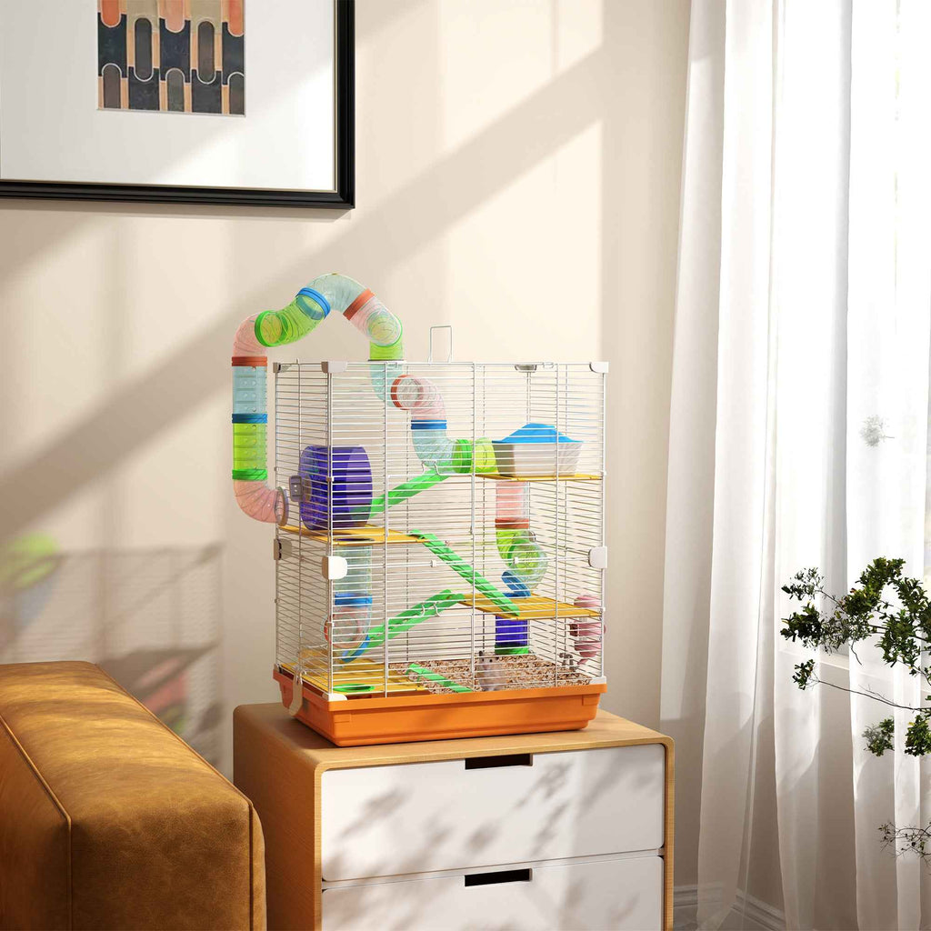 PawHut 5-Level Hamster Cage with Tubes, Wheel, Ladders, House and Bottle, 46x30x58 cm, Orange