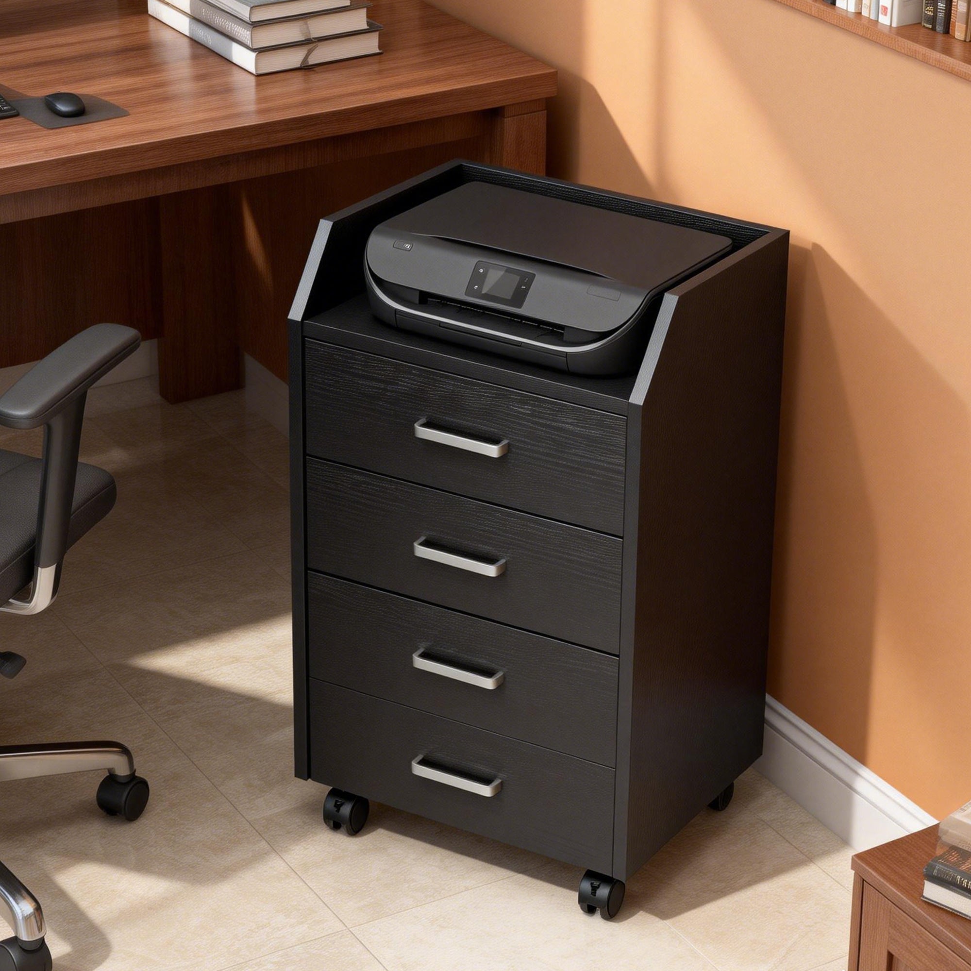 Small Chest of Drawers with 4 Drawers, Vertical Cabinet on Wheels, 40 x 36 x 65 cm, Black Wood Effect
