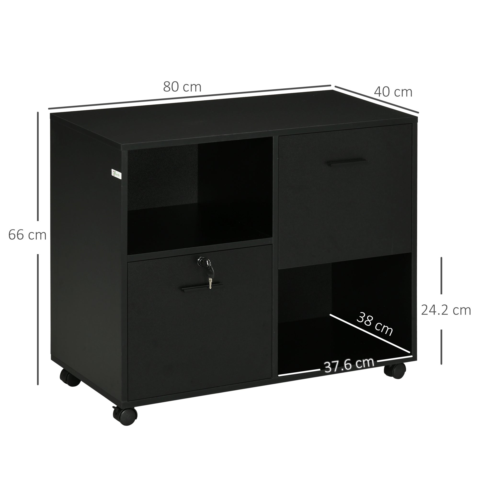 Mobile Office Cabinet with 2 Drawers for Documents and Shelves, Lockable Wheels, 80x40x66cm, Black