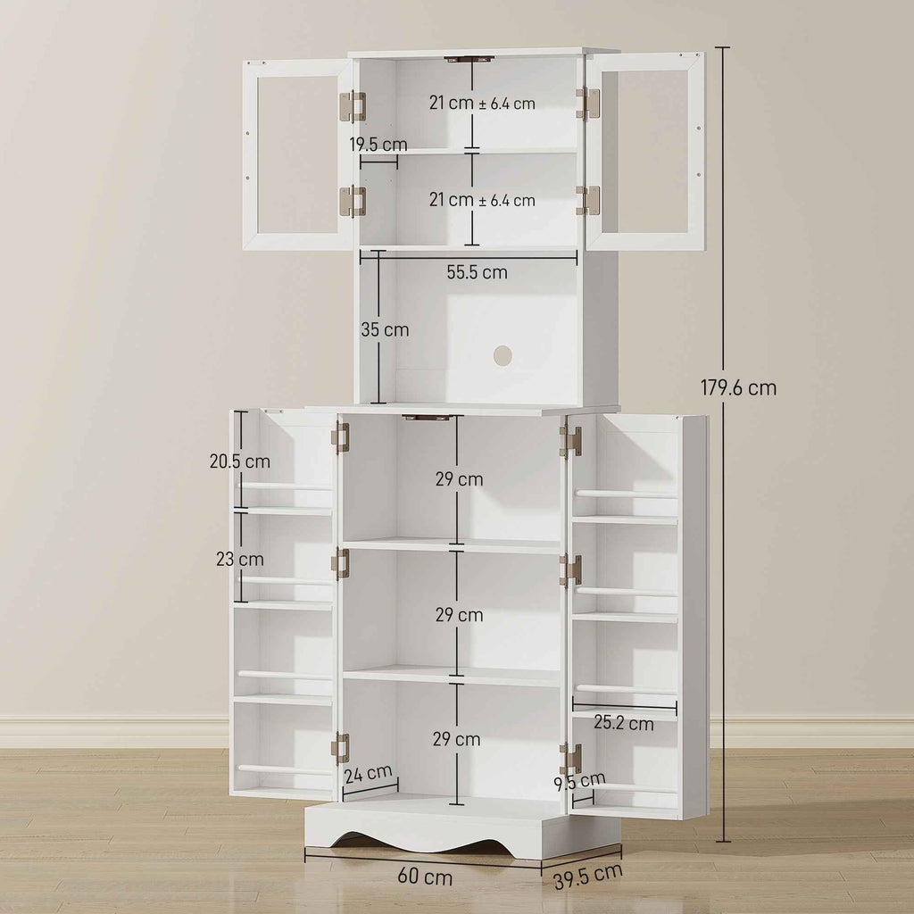 HOMCOM Kitchen Cabinet with 2 Cabinets and 8 Shelves, Wood and Acrylic, 60x39.5x179.6 cm, White