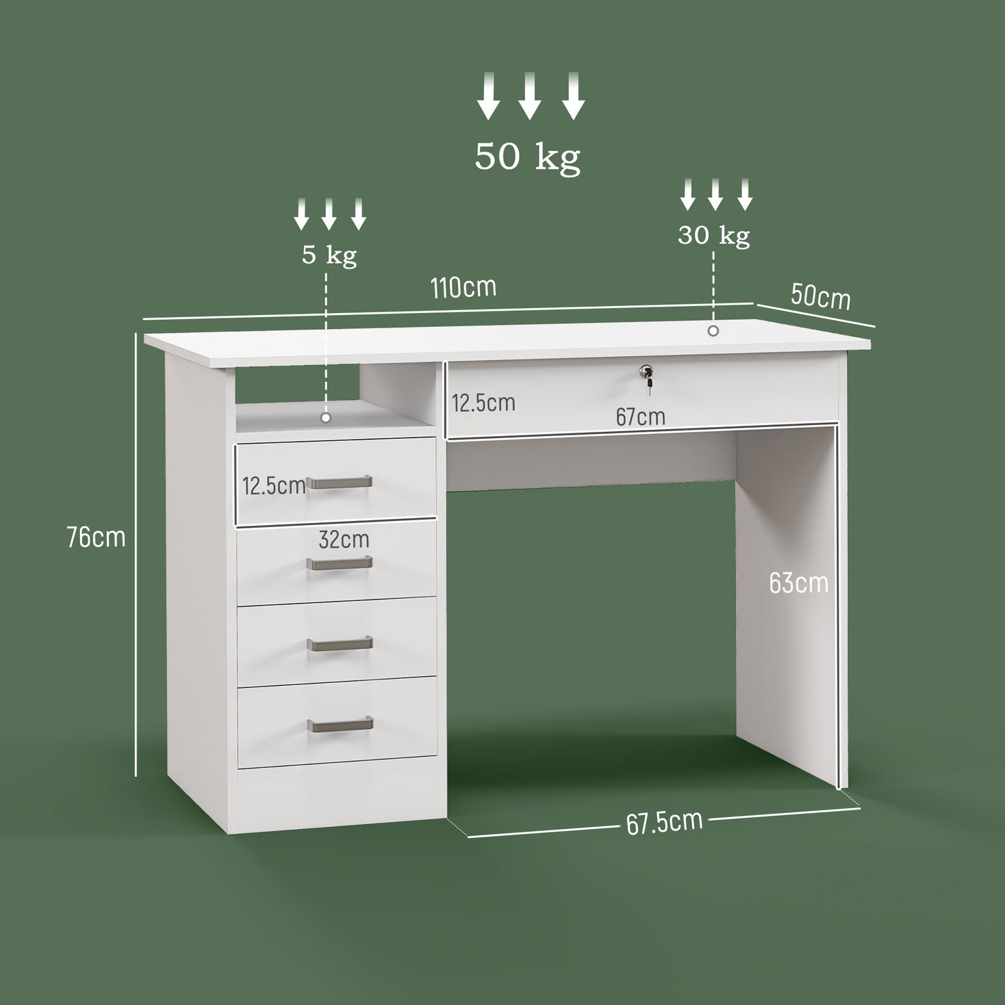 HOMCOM Modern Desk with 5 Drawers and Open Compartment with Lock and 2 Keys, 110x50x76cm, White