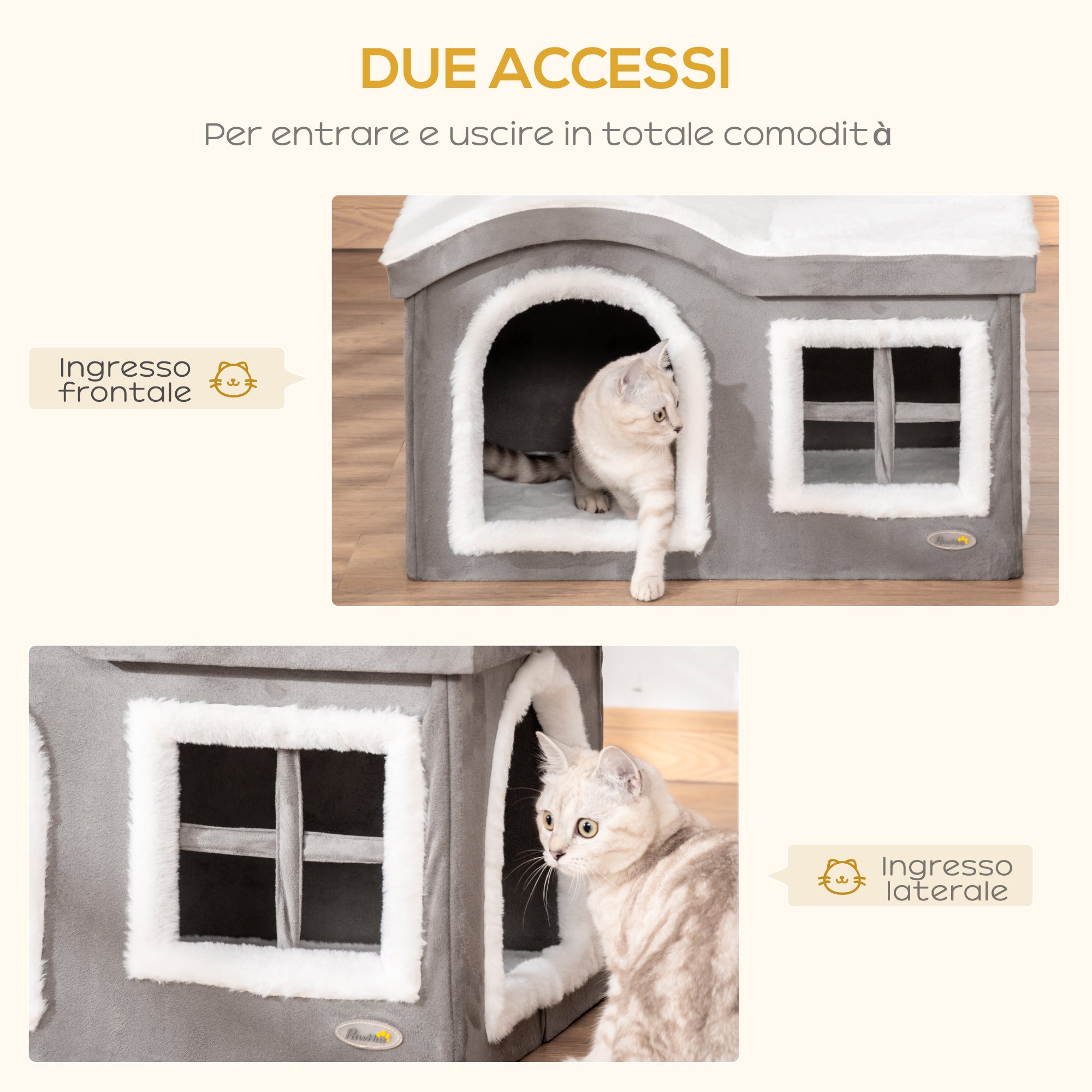 Pawhut Indoor Cat House with 2 Entrances, Window and Non-Slip Base, 63.5x37x40 cm, Grey