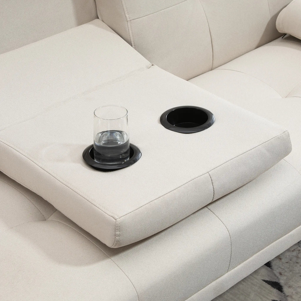 3 Seater Reclining Sofa Bed with Linen Effect Upholstery and Drop-Leaf Table, Beige