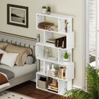 5-Tier S-Shaped Asymmetric Bookcase with 10 Open Shelves, Wooden, 80x24x159 cm, White
