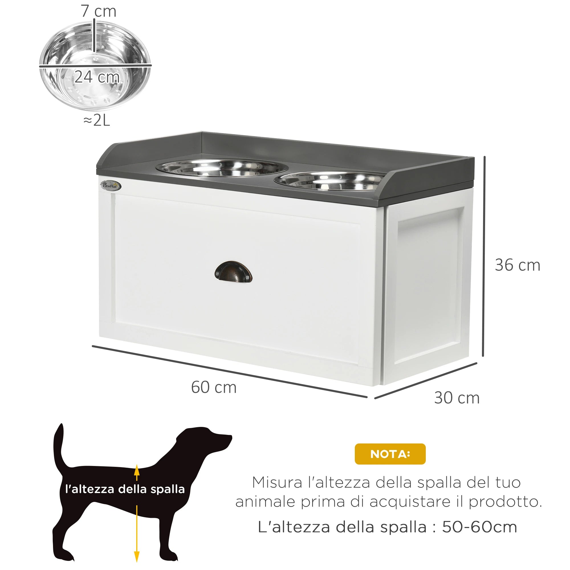 Stainless Steel and Wood Raised Dog Bowls with Drawer, 60x30x36cm, White and Grey - Borge' Group Limited