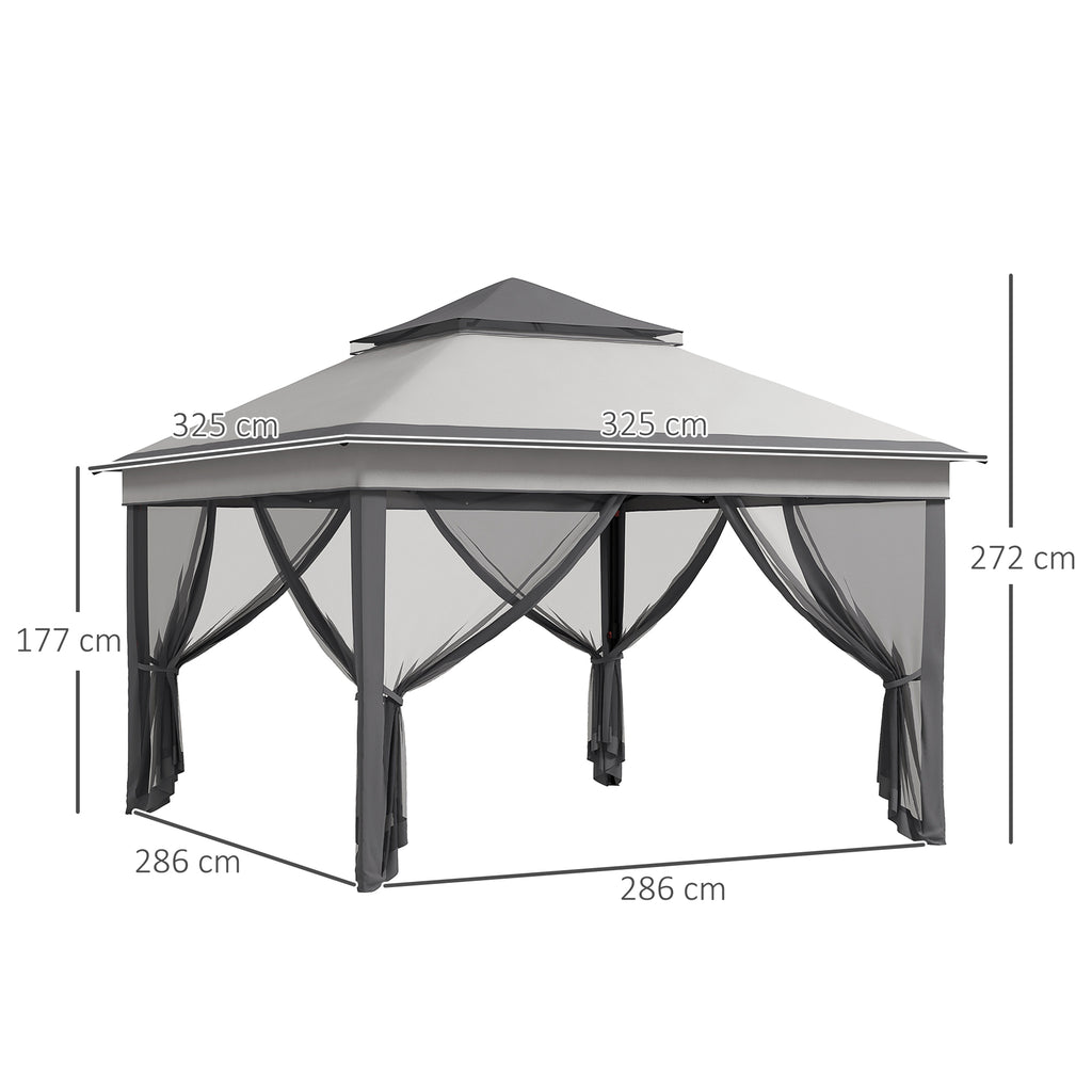 Gazebo with Mosquito Nets Adjustable on 3 Levels, in Steel and Oxford Fabric, 326x326x272 cm, Light and Dark Grey