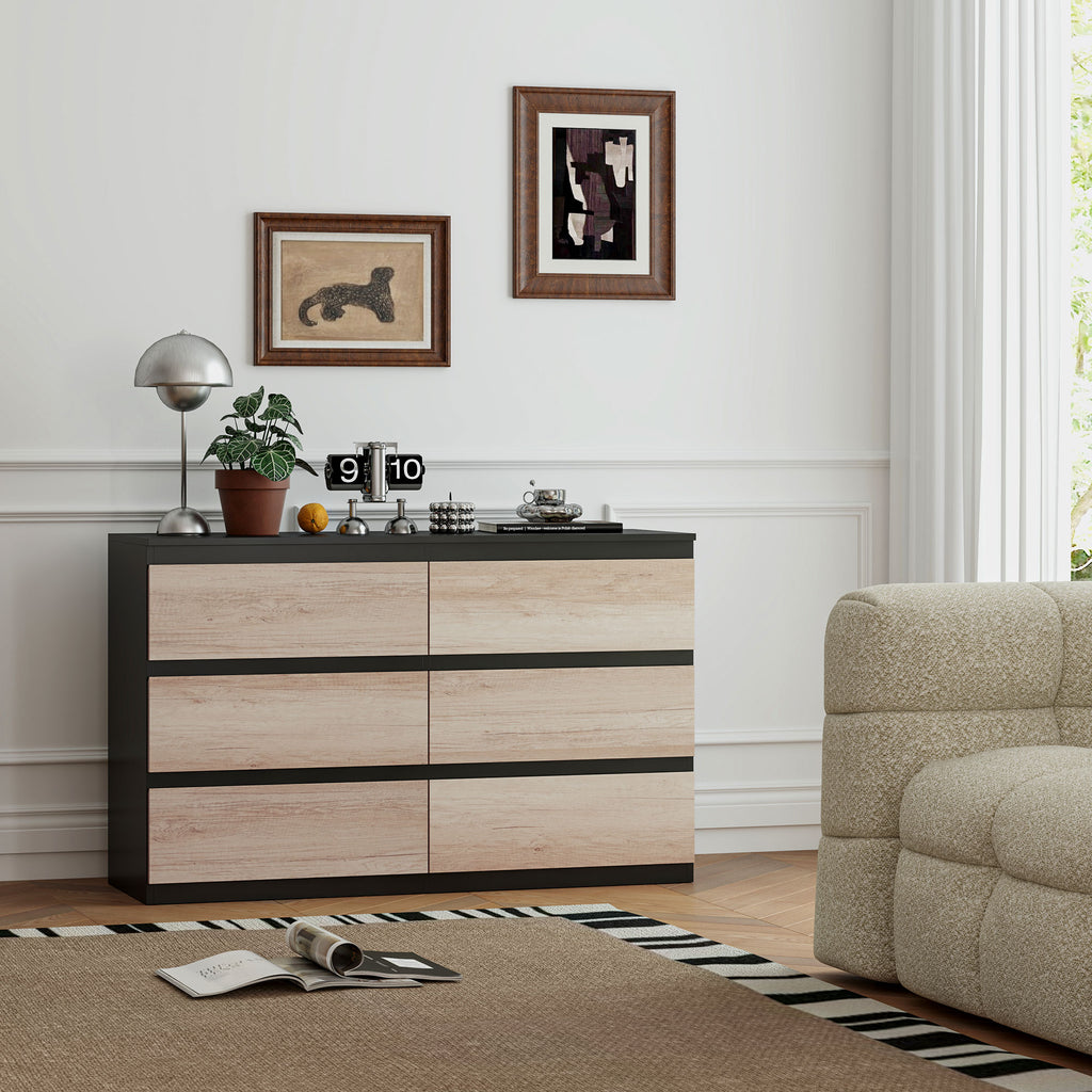 Chest of 6 Drawers for the Bedroom in Wood with Metal Guides, 120x39x75 cm, Black and Wood Color