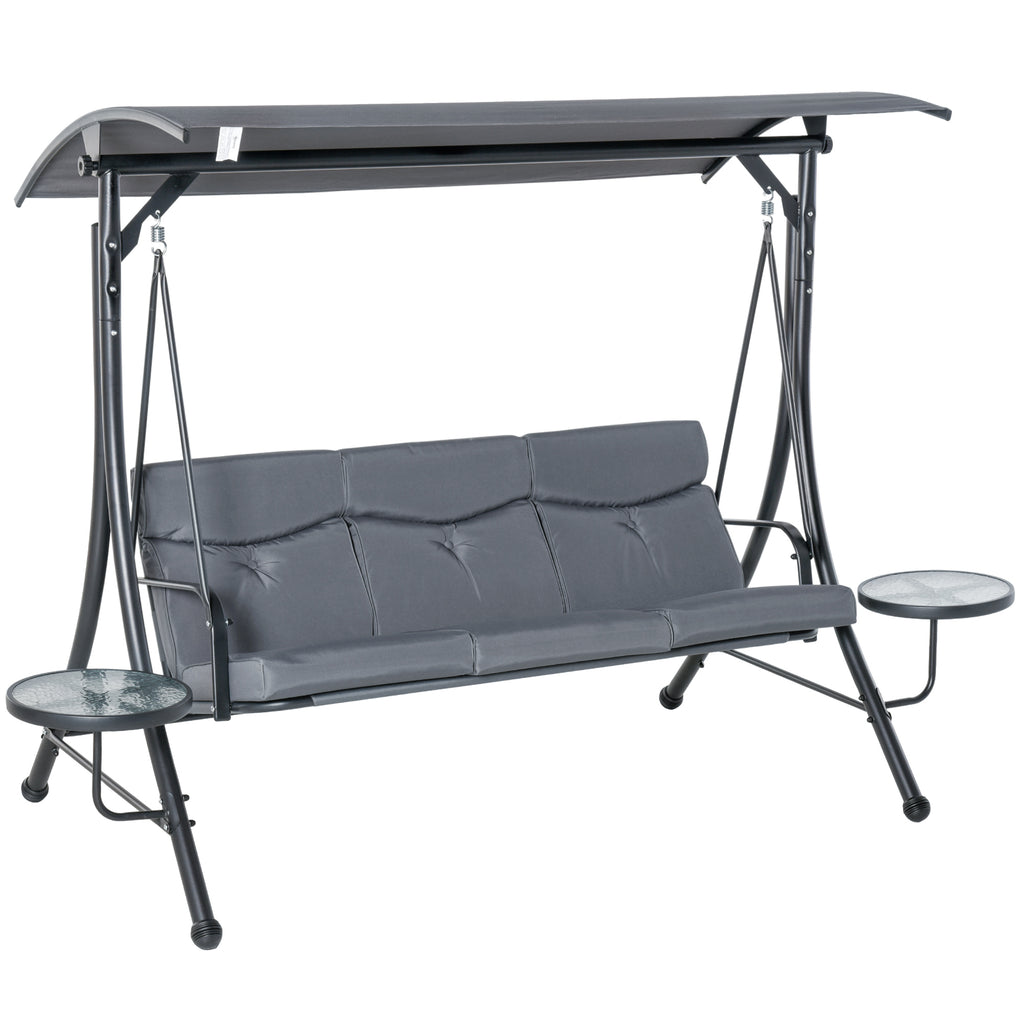 Outsunny 3-Seater Garden Swing, Outdoor Swing with Adjustable Canopy and 2 Side Tables, Grey 271x125x177cm