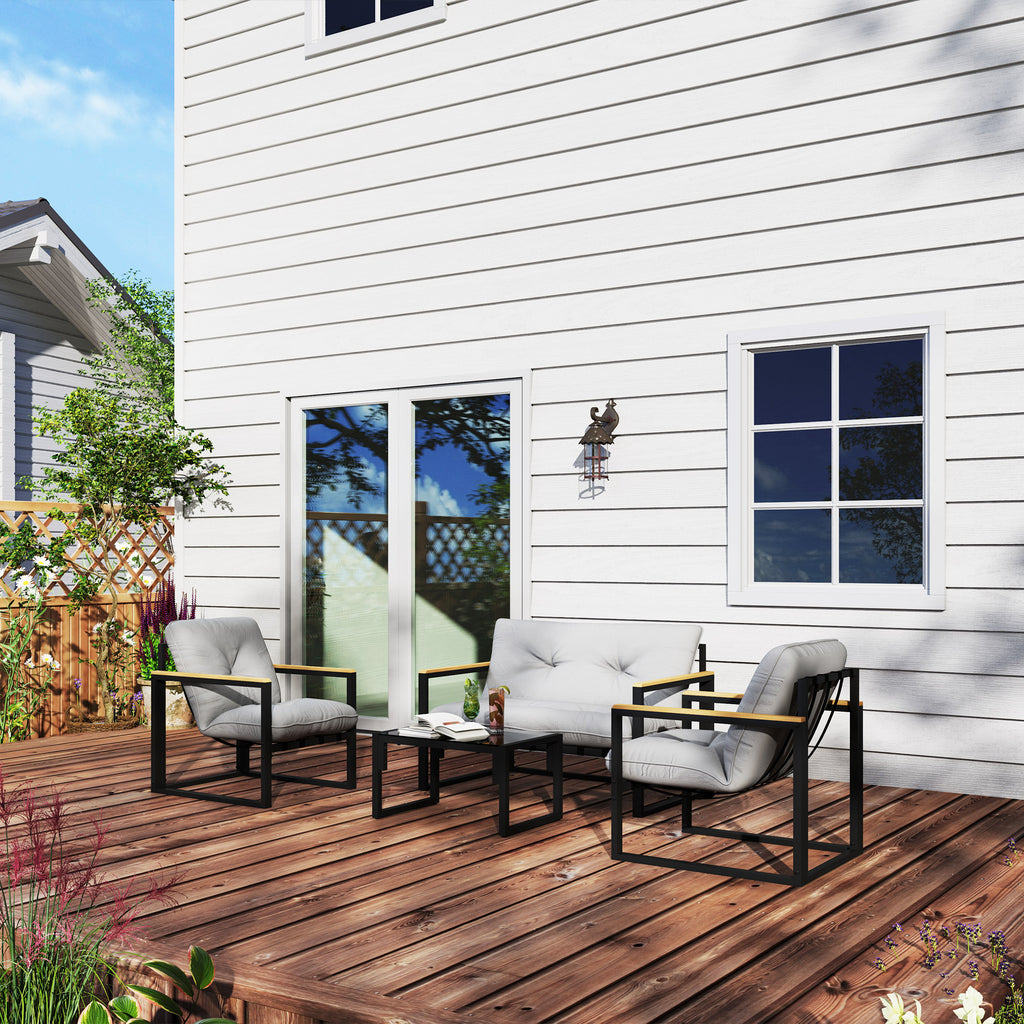 4 Piece Garden Set with 2 Chairs, 2 Seater Sofa and Coffee Table, Steel and Polyester, Light Grey and Black