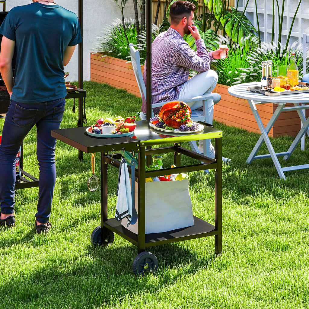 Barbecue Trolley with Steel Top and Foldable Shelf, Wheels and Hooks, 91x58x76 cm, Black