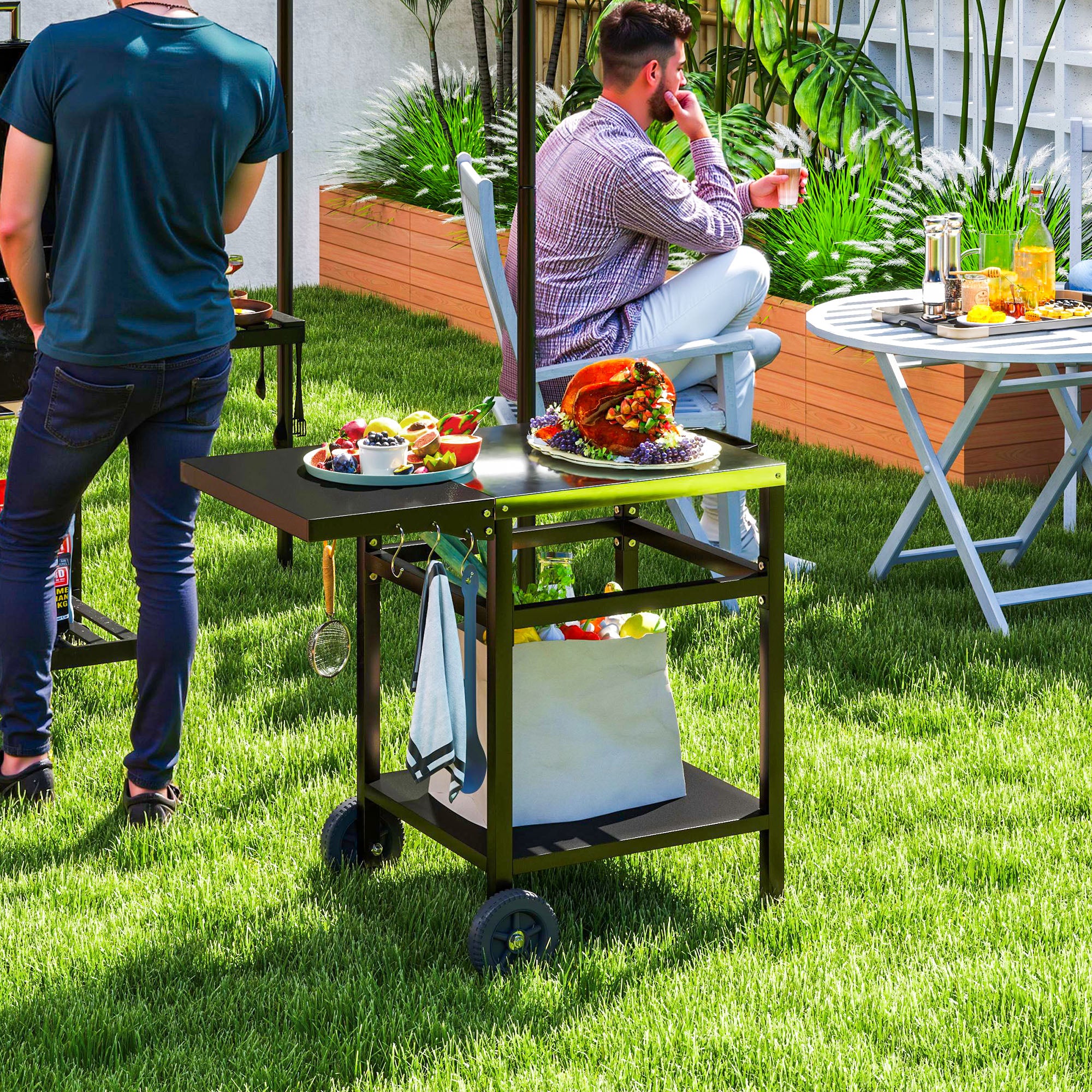 Barbecue Trolley with Steel Top and Foldable Shelf, Wheels and Hooks, 91x58x76 cm, Black