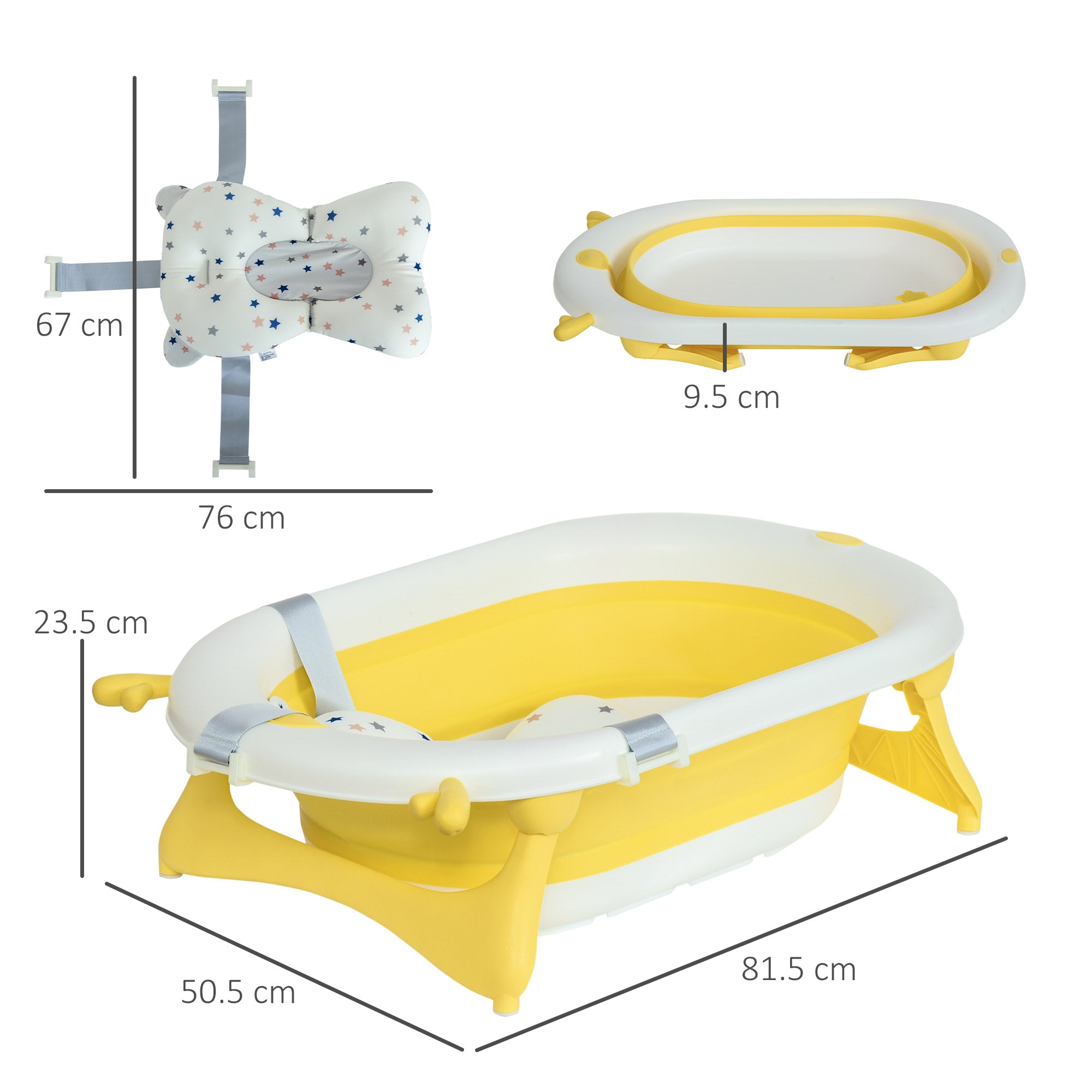 Foldable Bathtub for Children 0-3 Years with Temperature Indicator and Cushion, 81.5x50.5x23.5 cm, Yellow