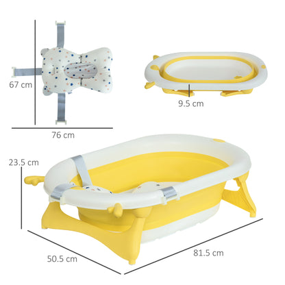 HOMCOM Foldable Baby Bath Tub for Children 0-3 Years with Temperature Indicator and Pillow, 81.5x50.5x23.5 cm, Yellow