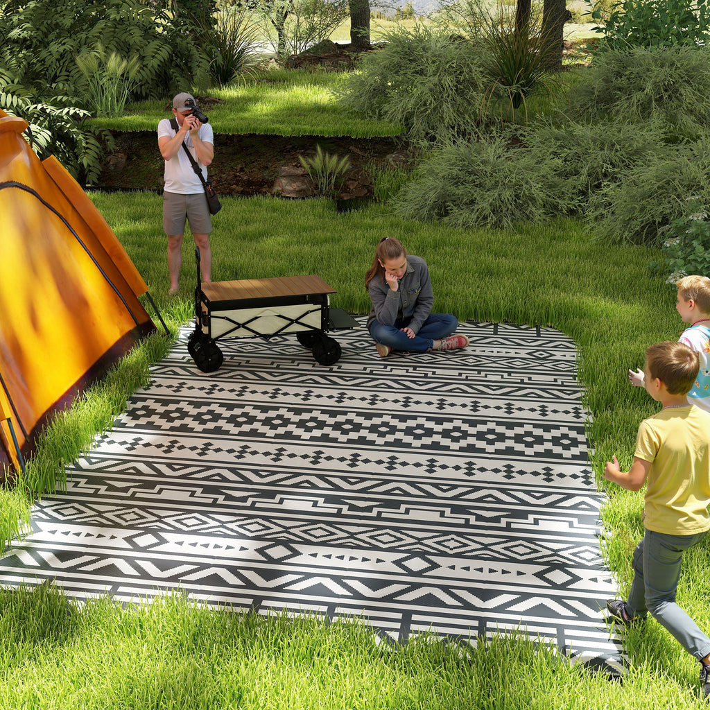 Reversible Outdoor Rug with Geometric Pattern and Bag Included, 182x274 cm, Gray and White