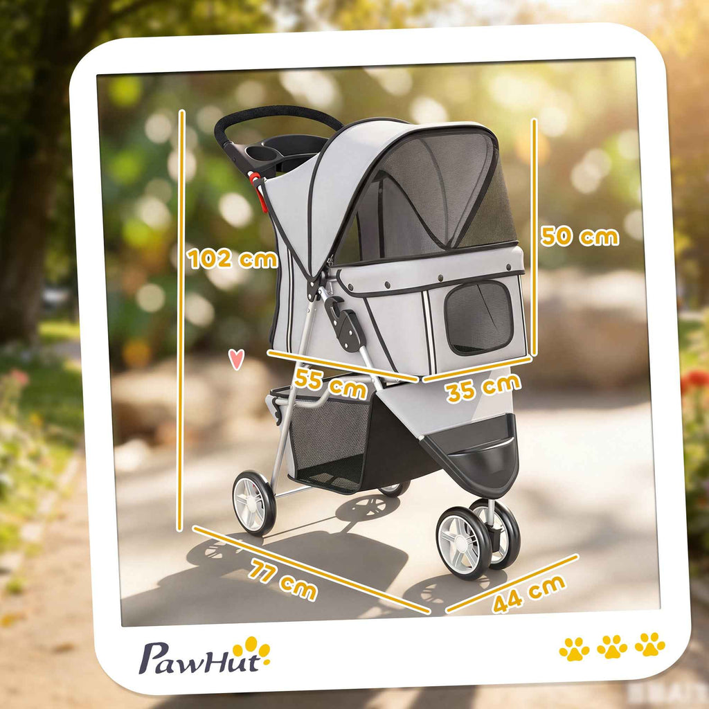 PawHut Folding Dog Stroller with Cup Holder and Basket, 77x44x102 cm, Grey