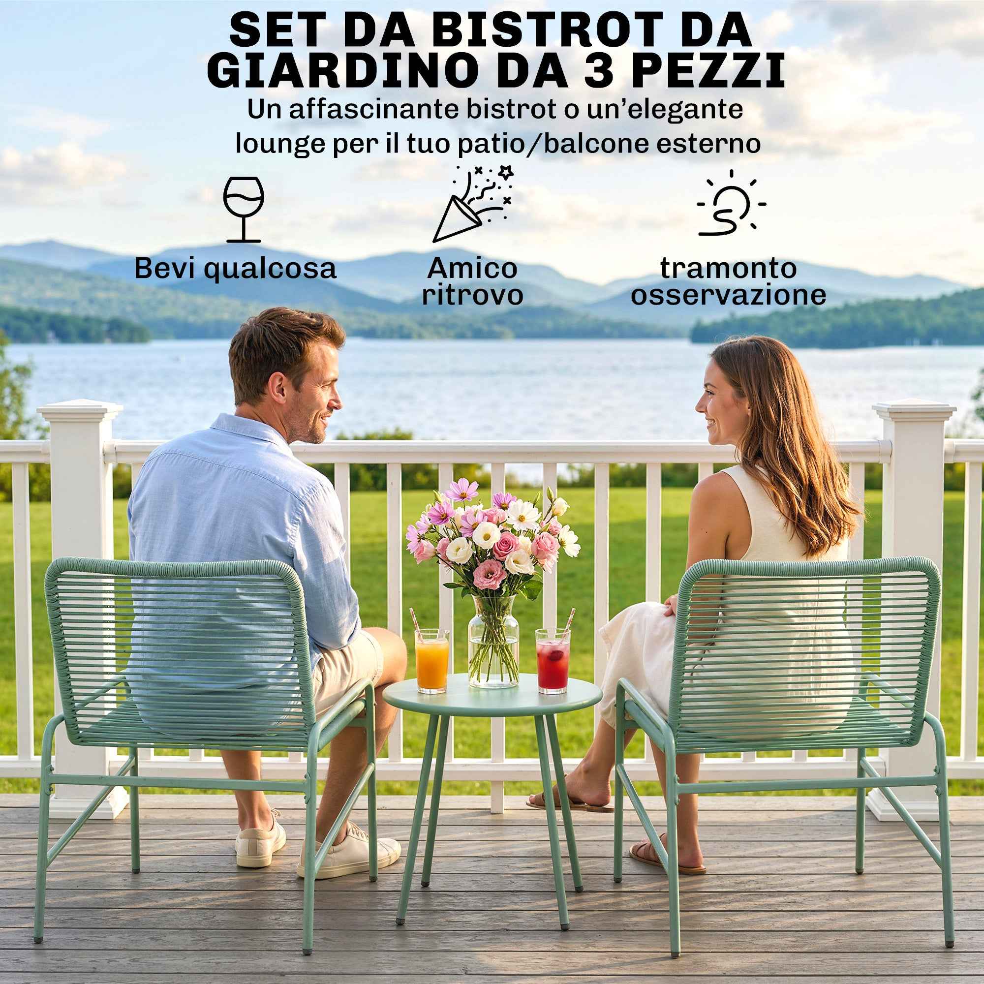 Outsunny 3-Piece Rattan Bistro Set: 2 Chairs, Round Garden Table, Green.