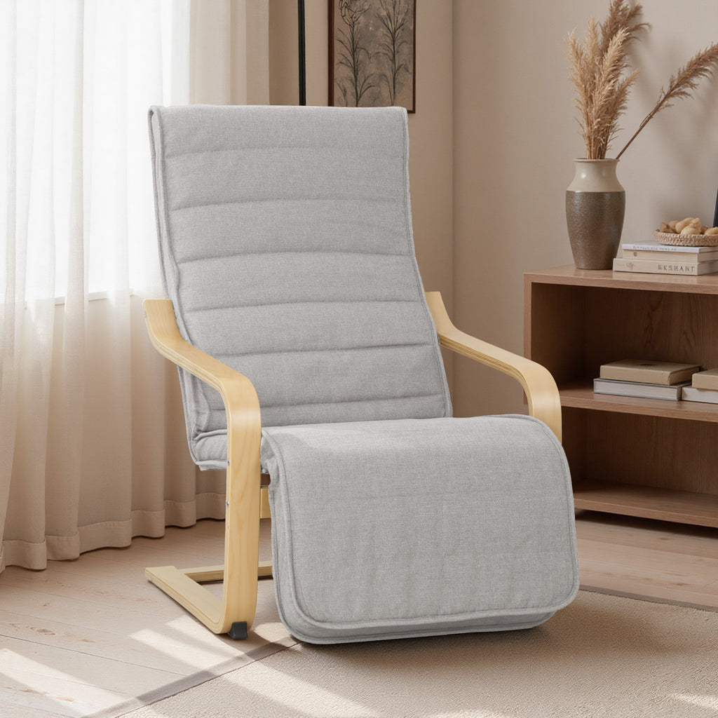 HOMCOM Birch Wood and Linen-Effect Fabric Bedroom Armchair with Adjustable Footrest, Light Grey