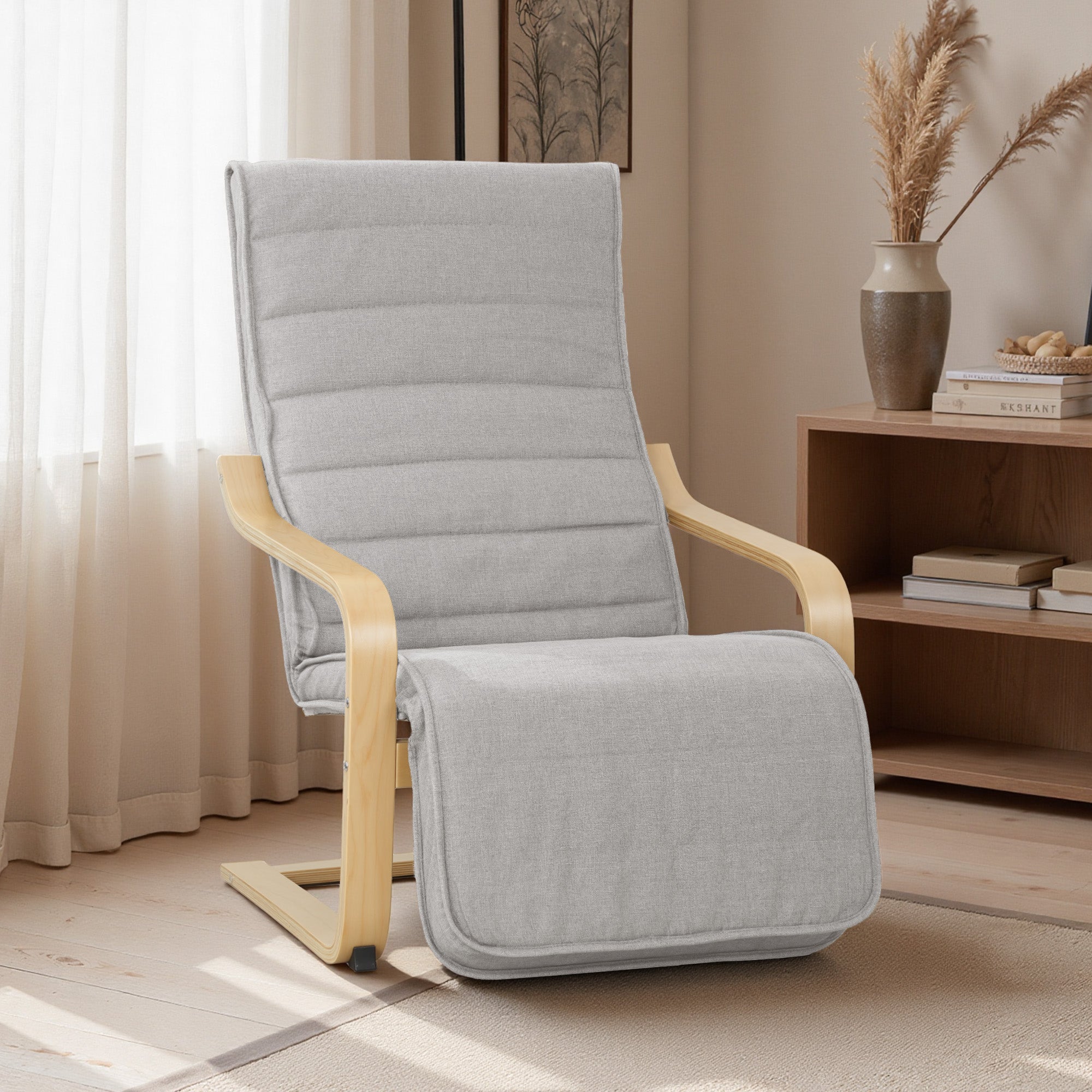 HOMCOM Birch Wood and Linen-Effect Fabric Bedroom Armchair with Adjustable Footrest, Light Grey