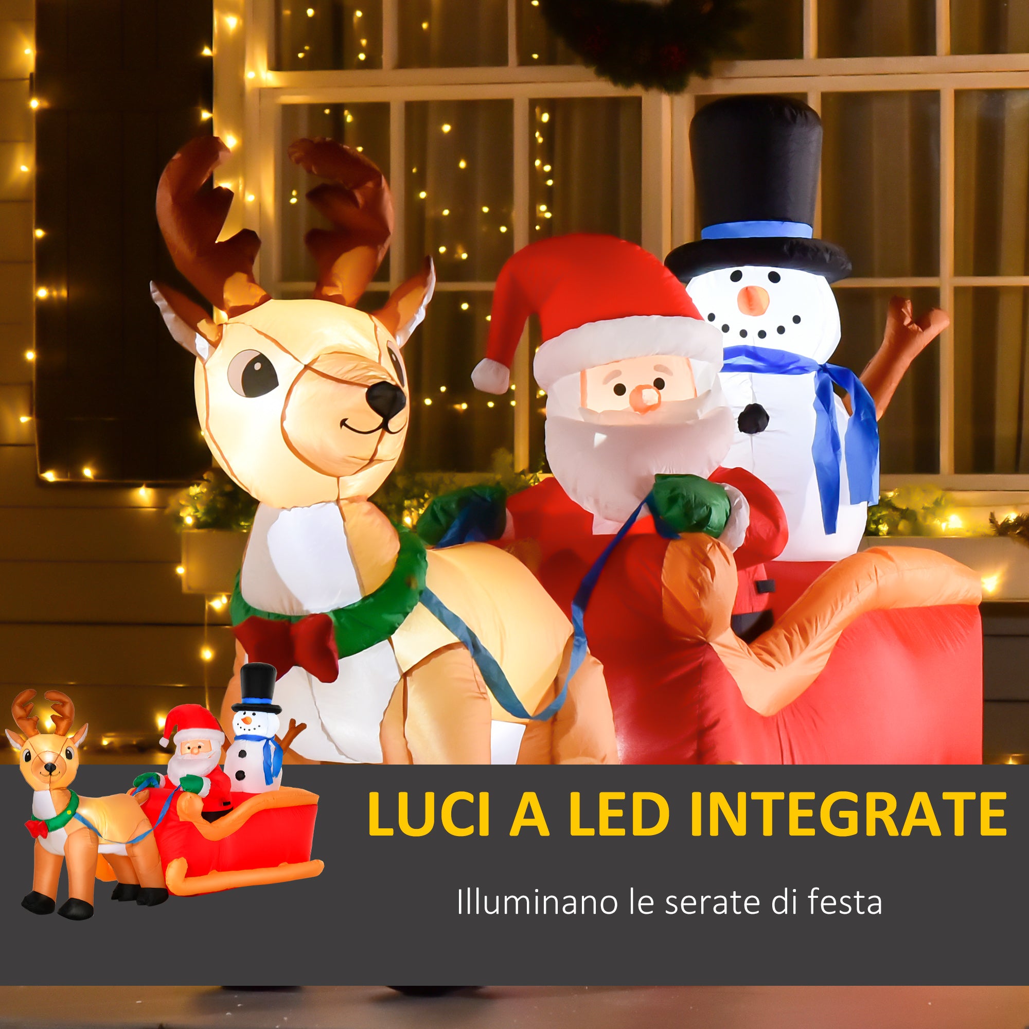Inflatable Santa Claus with Sleigh, Reindeer, Snowman and LED Lights, Outdoor Christmas Decoration, 200x80x128cm