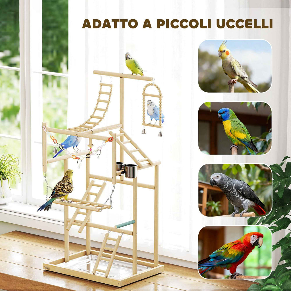 PawHut Parrot Perch with Toys, Ladders, Chains, Bowls, Removable Tray and Perches, Natural Wood