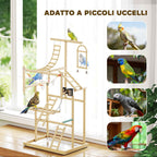 PawHut Parrot Perch with Toys, Ladders, Chains, Bowls, Removable Tray and Perches, Natural Wood