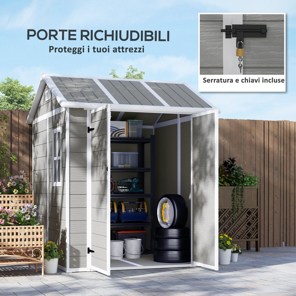 Resin Garden Shed with Floor, 2 Locking Doors, Window, 1.8x1.8m, Grey