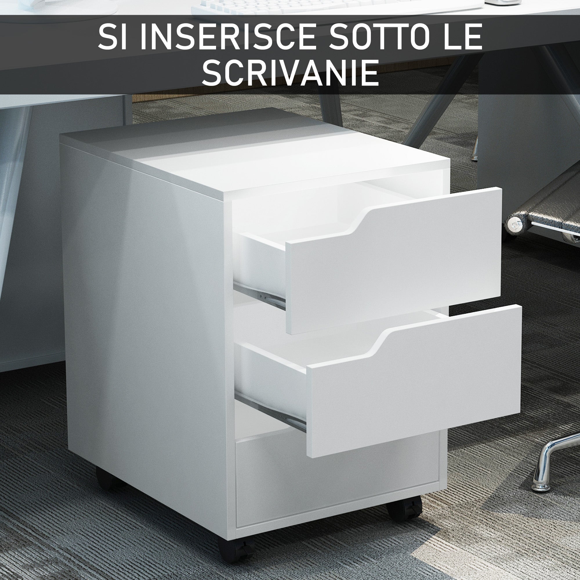 3 Drawer Office Chest with Retractable Handles, Wood and Metal, 40x50x57.5 cm, White