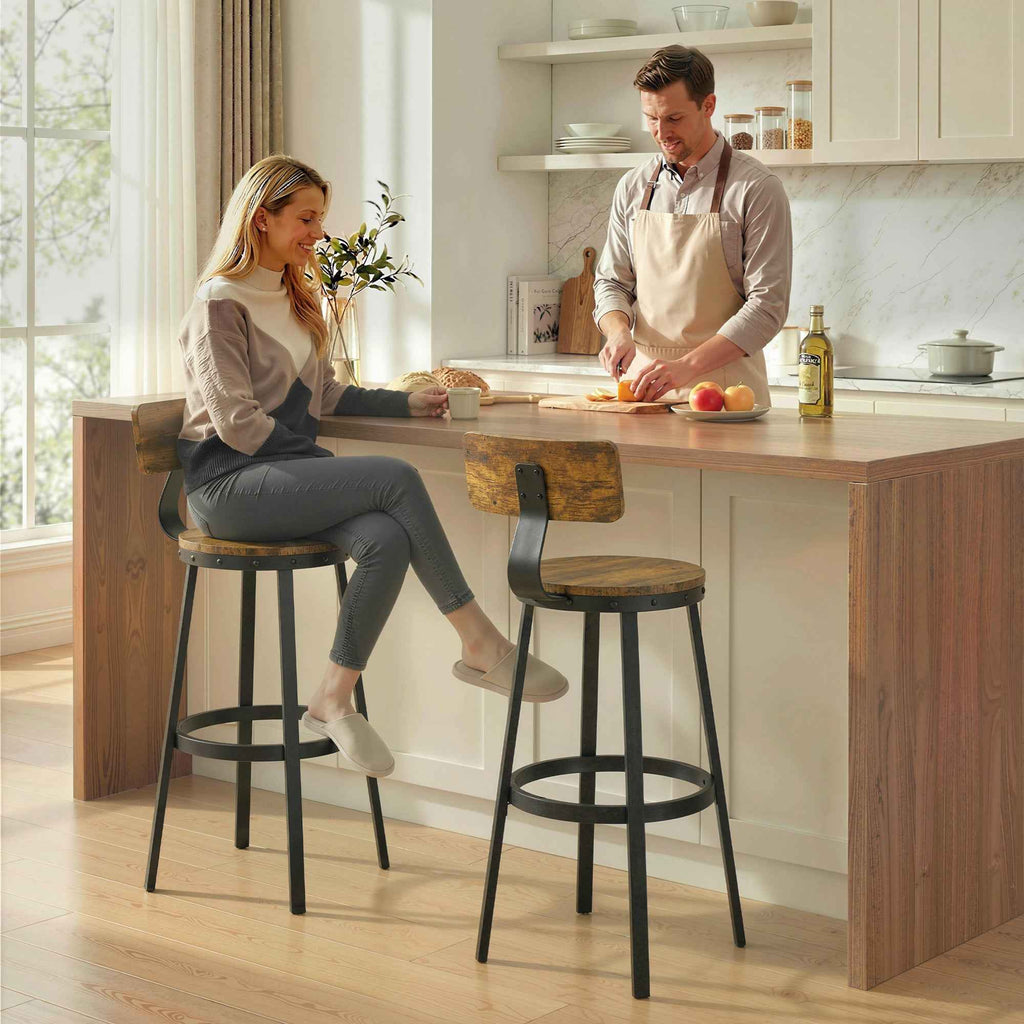 Set of 2 Rustic Bar Stools with Footrest, Wood and Metal, 37x47x96 cm, Brown