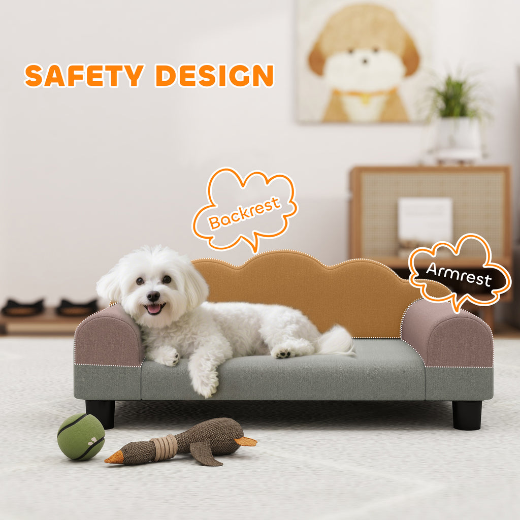 Dog Sofa with Supportive Armrests, Wood and French Terry Fabric, 66x42x28.5 cm, Grey