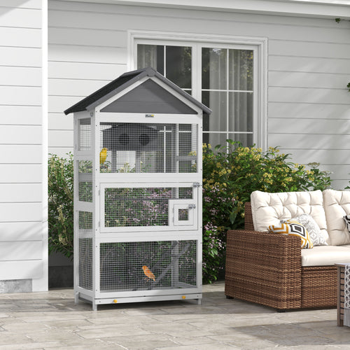 PAWHUT Voliera for 3 -door birds with house and tray, in wood and metal, 92x52x171 cm, gray and black - Borgè