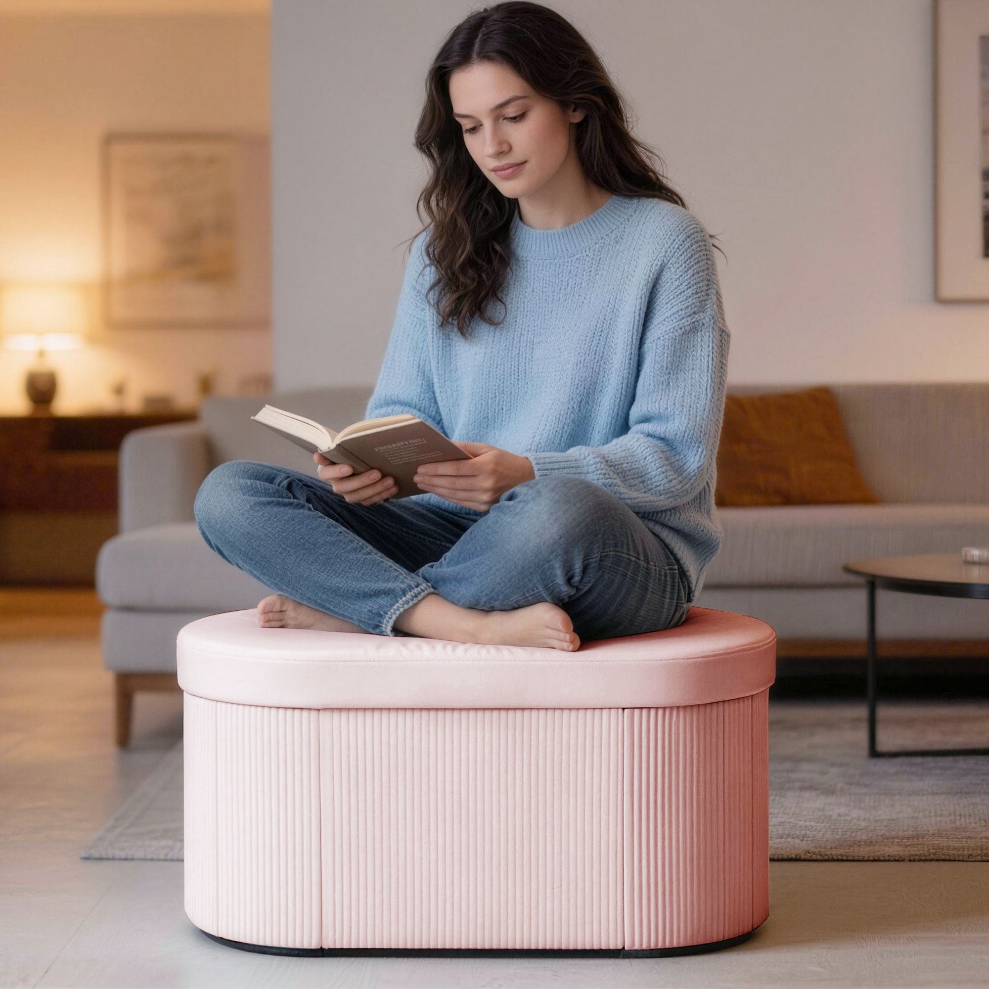 HOMCOM Foldable Storage Ottoman with 72L Capacity and Velvet Lining, 76x38x35 cm, Pink