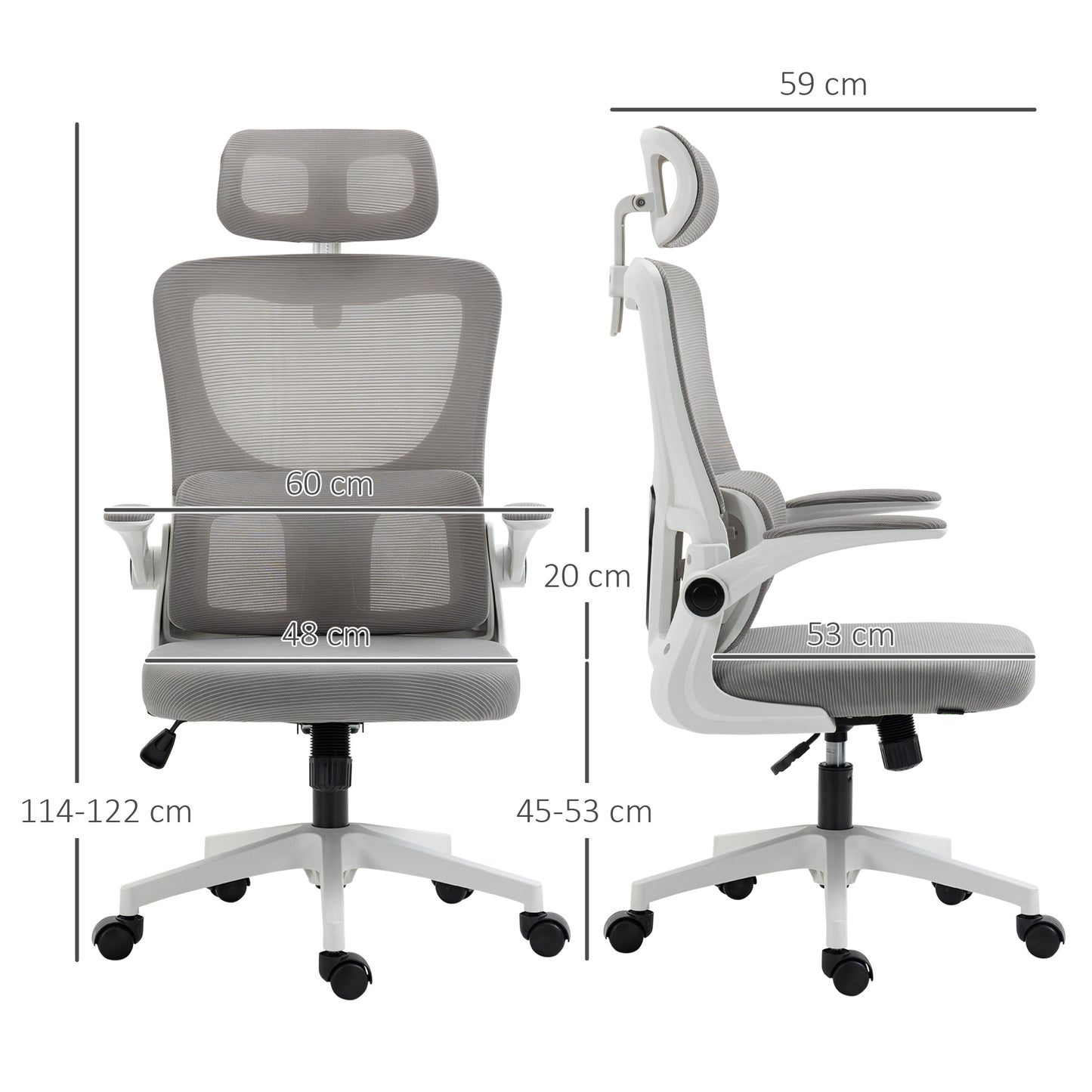 Vinsetto Ergonomic Office Chair with Adjustable Height with Footrest and Headrest, 60x59x114-122 cm, Gray - Borgè