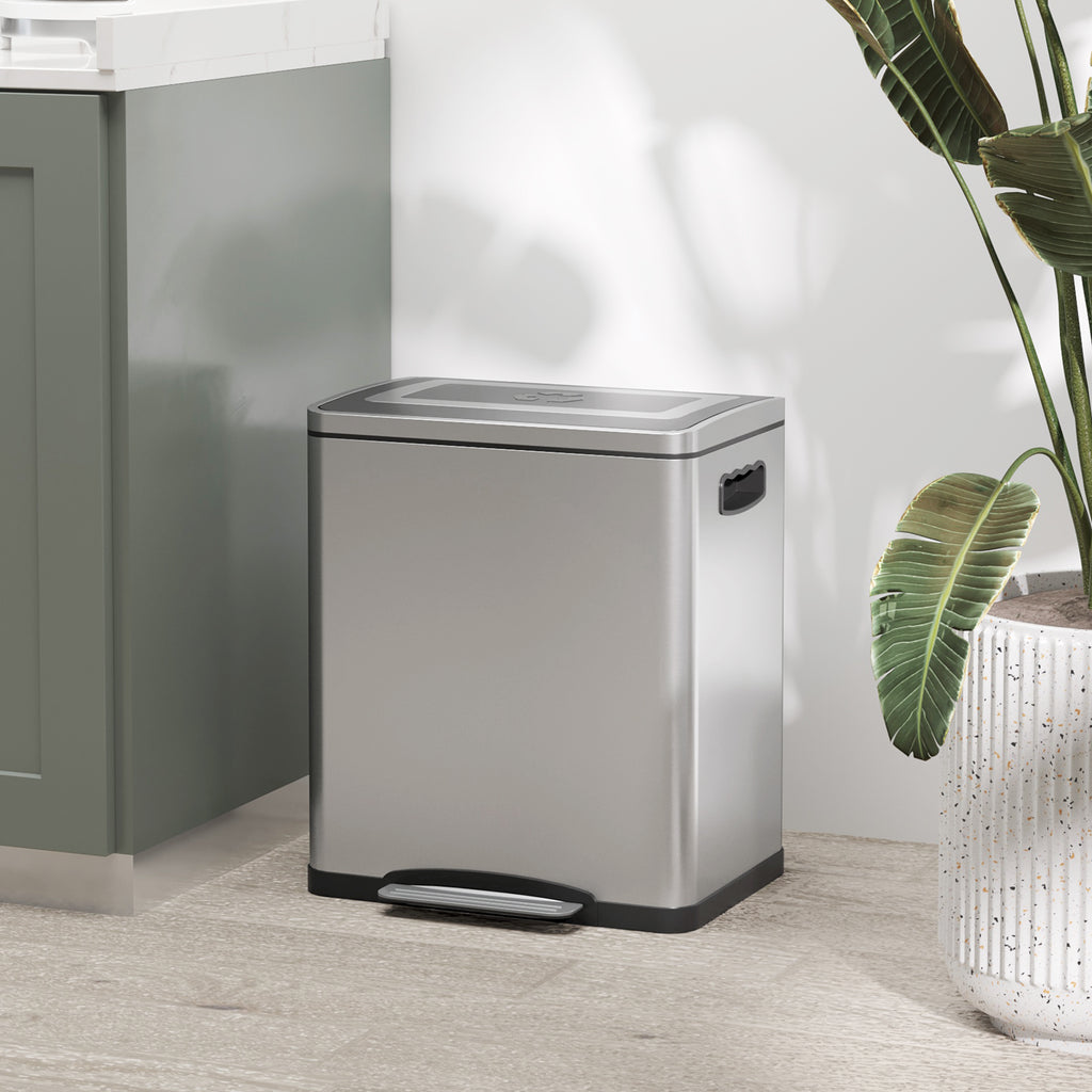 15L 2-Section Pedal Bin with Silent Lid, Stainless Steel and PP, 40x34.8x47.5 cm