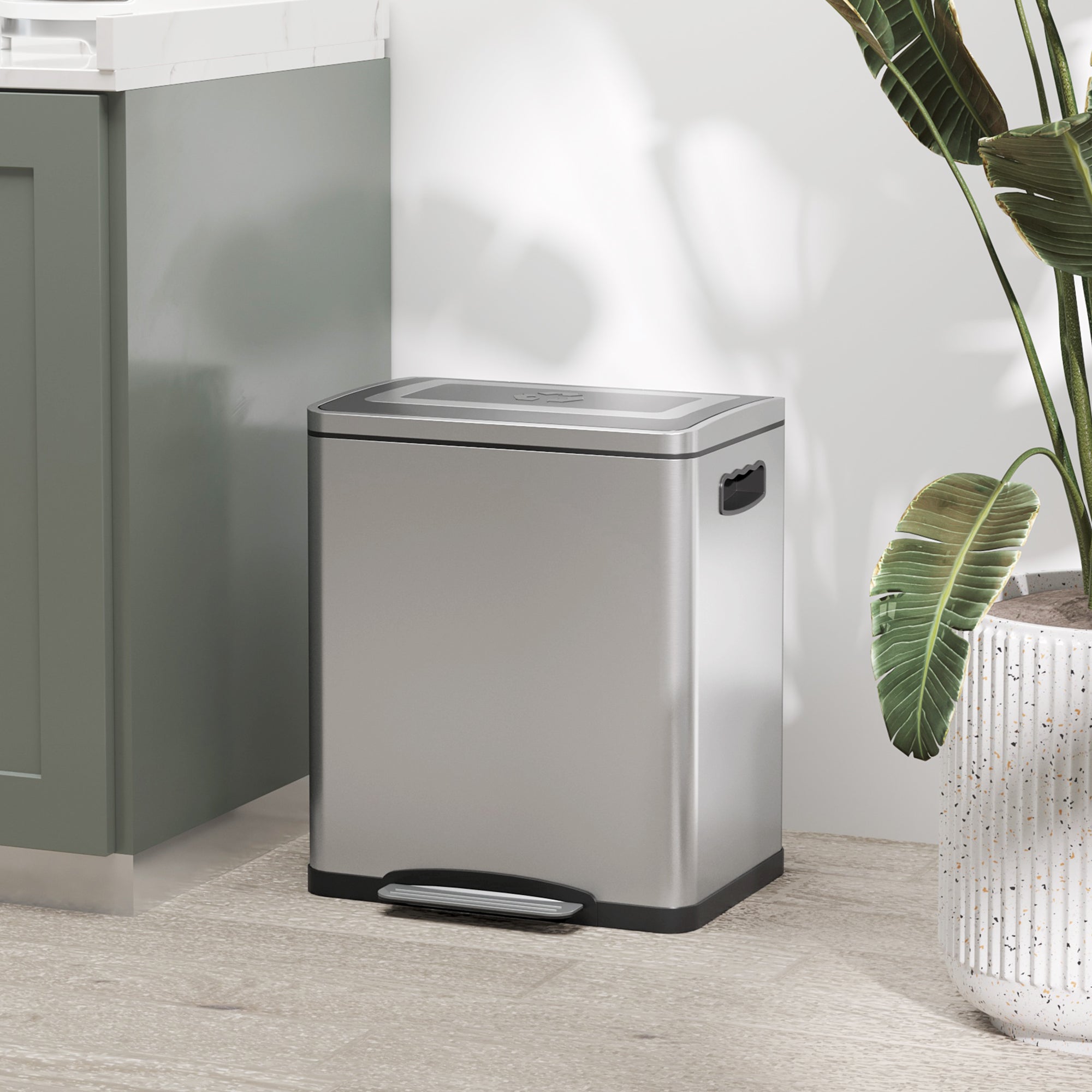 15L 2-Section Pedal Bin with Silent Lid, Stainless Steel and PP, 40x34.8x47.5 cm