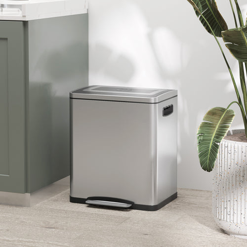 15L 2-Section Pedal Bin with Silent Lid, Stainless Steel and PP, 40x34.8x47.5 cm