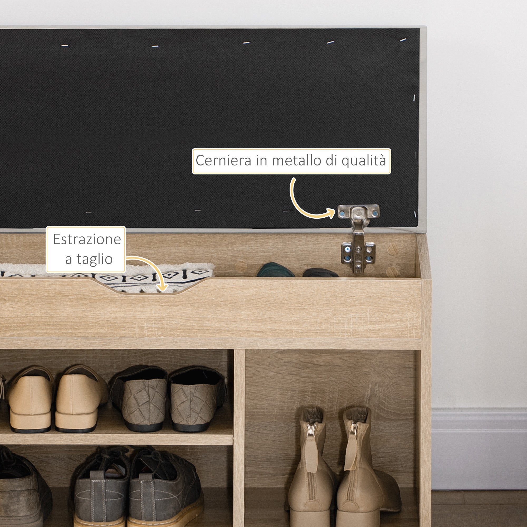 Space-Saving Padded Shoe Rack with 2 Open Shelves and Hidden Space, in Wood and PU Leather, 80x30x45 cm