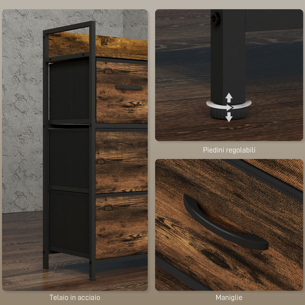 Chest of 4 Removable Drawers with Industrial Design in Wood and Steel, 60x29x85 cm, Brown and Black