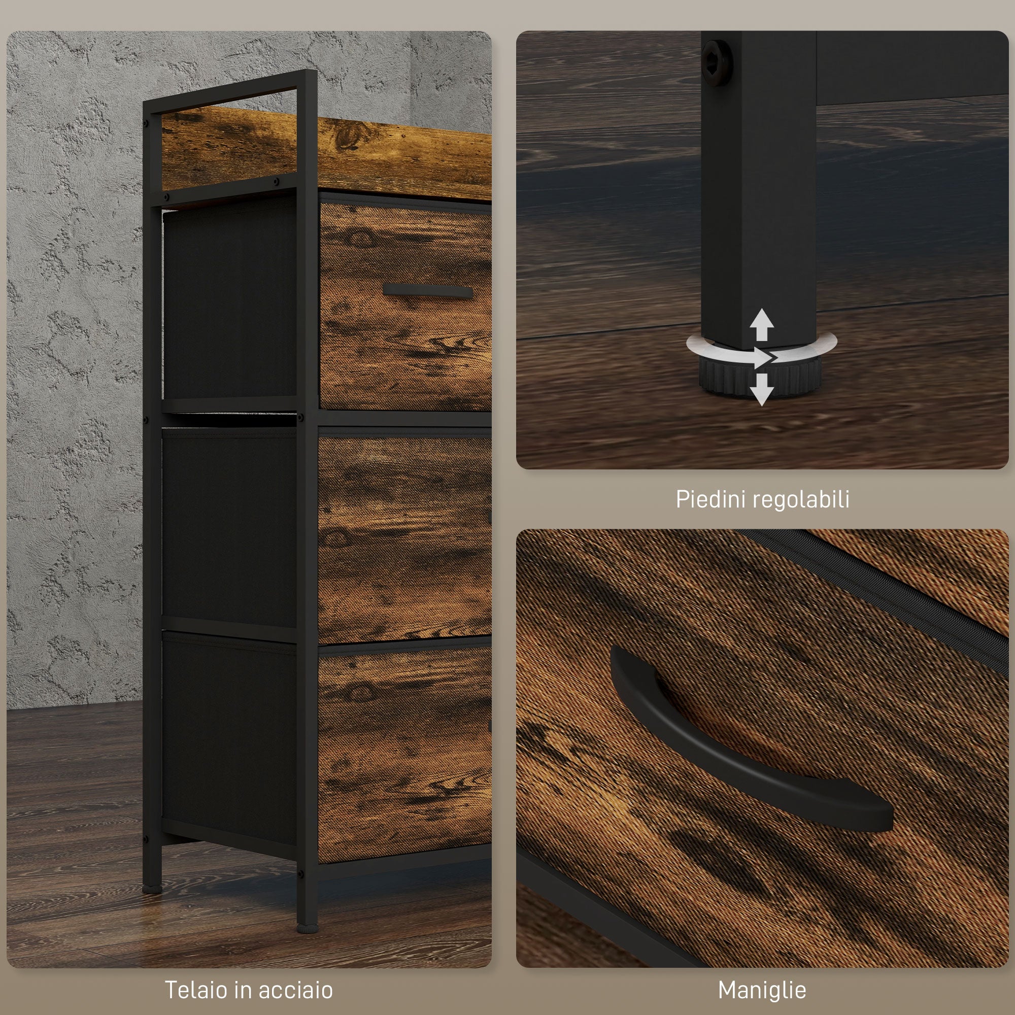 Chest of 4 Removable Drawers with Industrial Design in Wood and Steel, 60x29x85 cm, Brown and Black